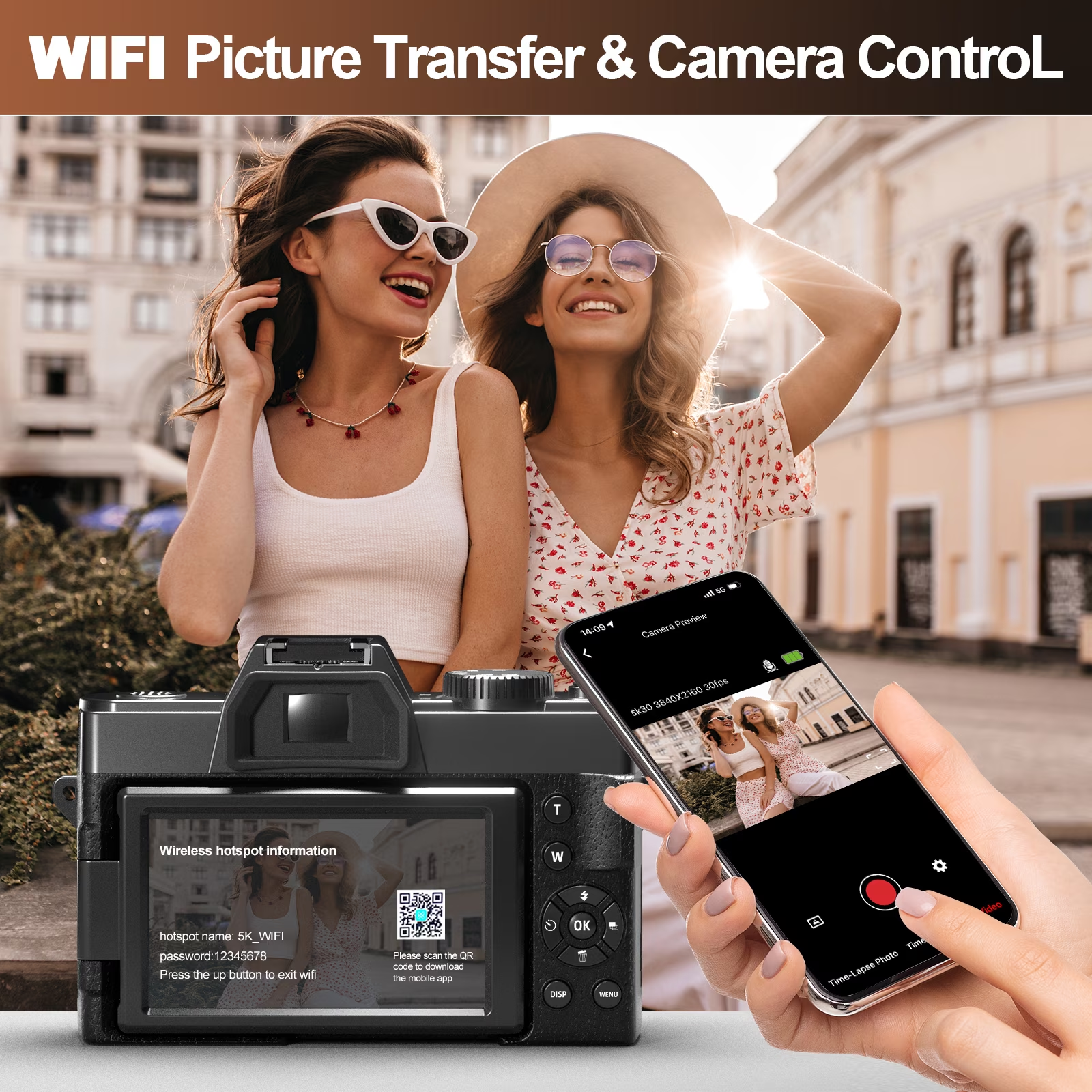HHD 5K 48MP Autofocus Digital Vlogging Camera,180° Flip Screen,WiFi,16X Zoom,Wide Macro Lens,32GB TF Card & Full Accessory Kit,Black