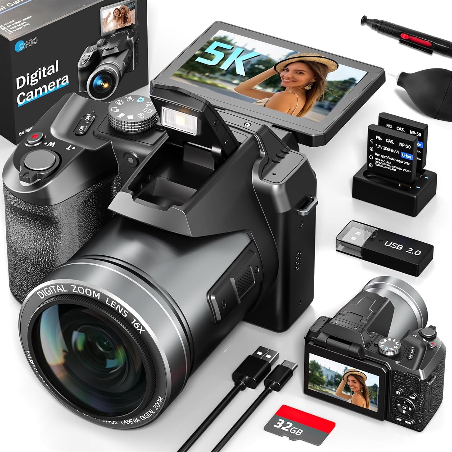 5K Professional Digital Cameras for Photography 64MP - 16X Zoom, WiFi, 3” 180° Flip Screen, Autofocus & Anti-Shake, 32G Card, 2 Batteries, Digital Camera for Vlogging YouTube Live Streaming