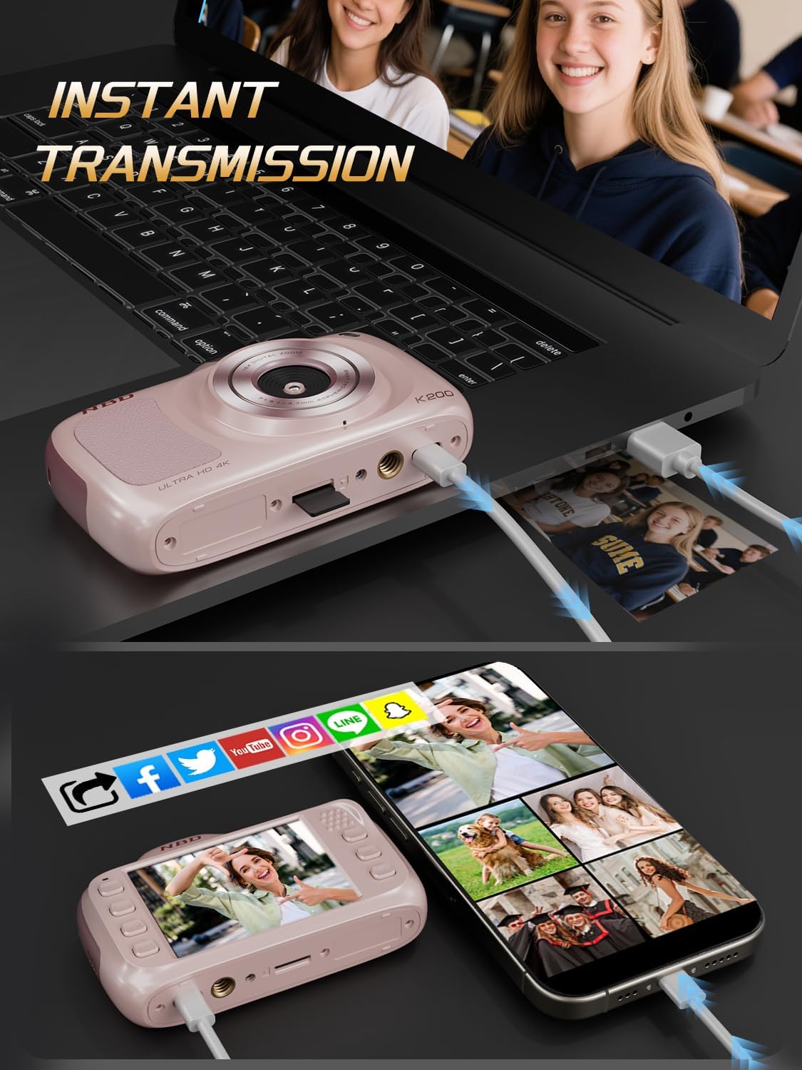 64MP 4K Digital Camera for Photography with Autofocus, 16X Zoom, Compact Design, Includes 32GB SD Card,Pink