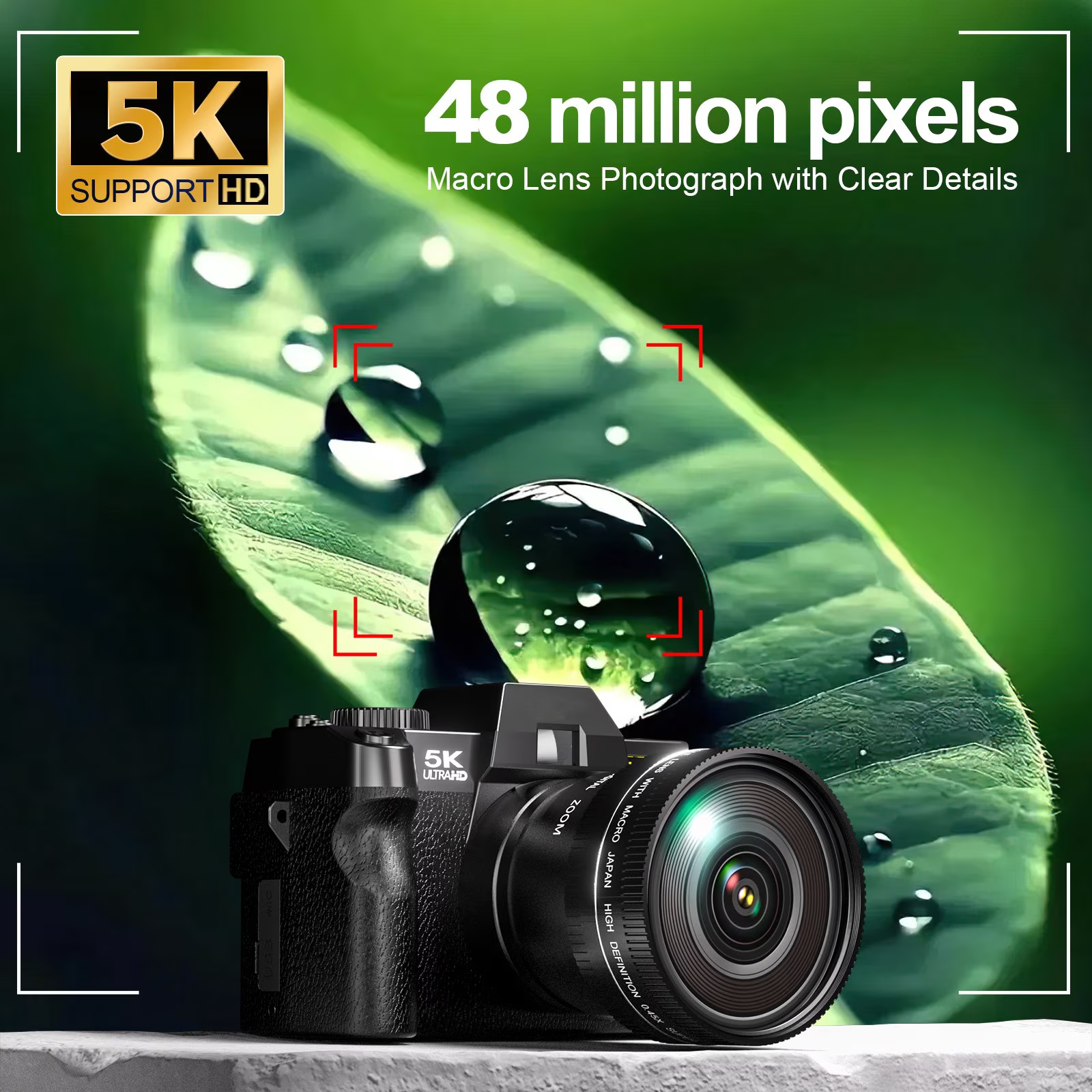HHD 5K 48MP Autofocus Digital Vlogging Camera,180° Flip Screen,WiFi,16X Zoom,Wide Macro Lens,32GB TF Card & Full Accessory Kit,Black