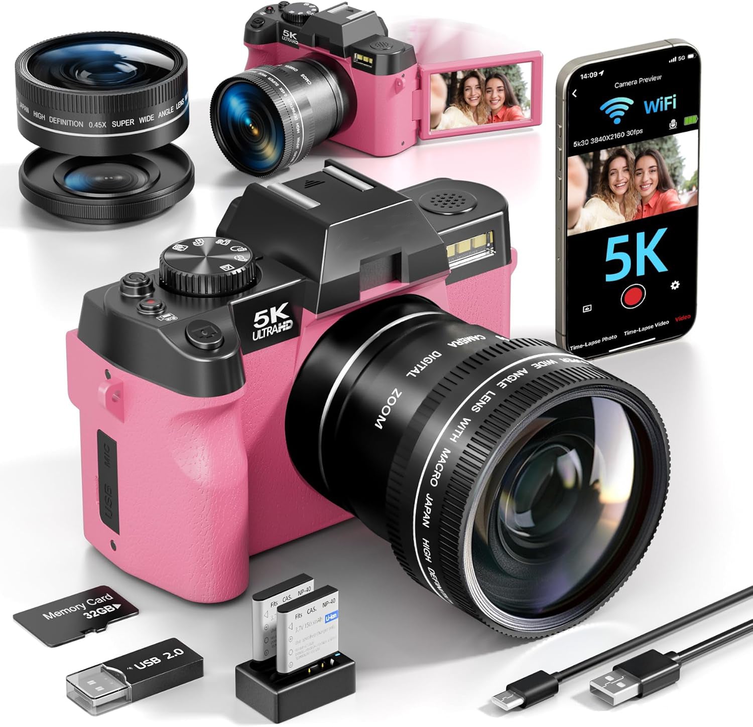 Digital Camera for Photography and Video,5K 48MP Vlogging Camera for YouTube with 180° Flip Screen,16X Digital Zoom,52mm Wide Angle,Leather Hold & Strap, 2 Batteries, 32GB TF Card