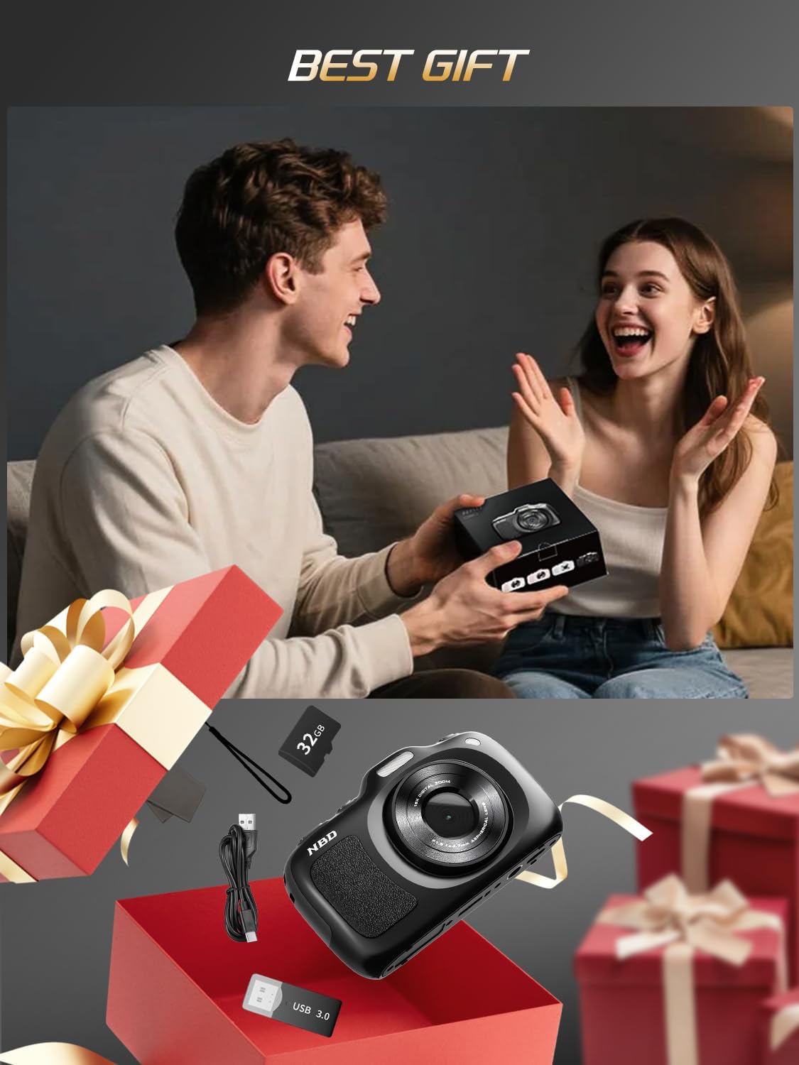 64MP 4K Digital Camera for Photography with Autofocus, 16X Zoom, Compact Design, Includes 32GB SD Card,Black