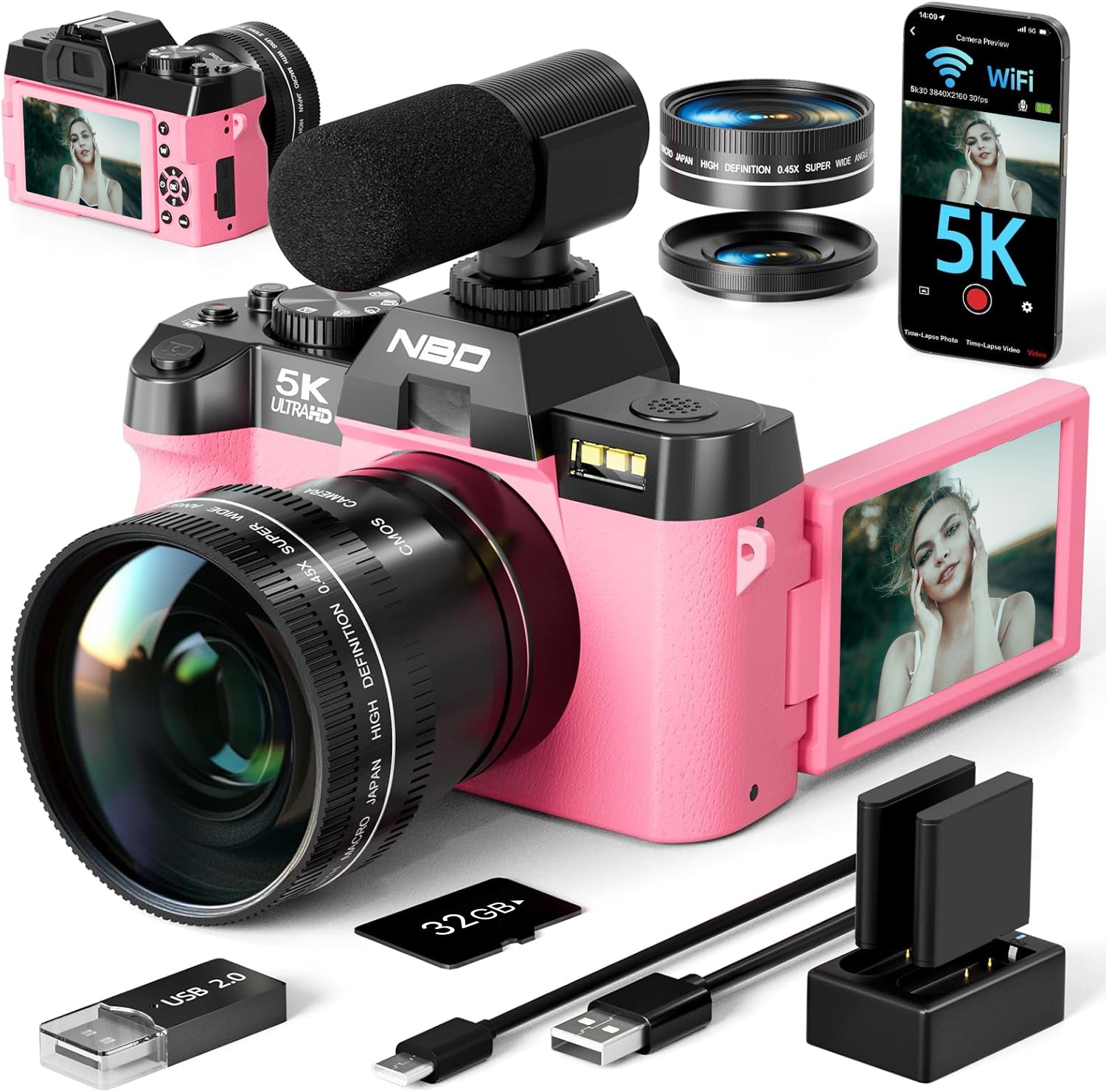 True 5K Digital Cameras for Photography 48MP - WiFi, Wide-Angle & Macro Lens, 16X Zoom Autofocus, 32GB TF Card, Vlogging Camera for YouTube Travel (Pink)