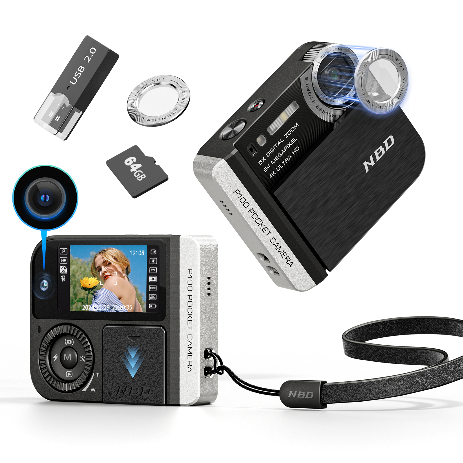 NBD Pocket Digital Camera 64MP with Flash, Dual Lens, 5X Zoom & 64GB Card