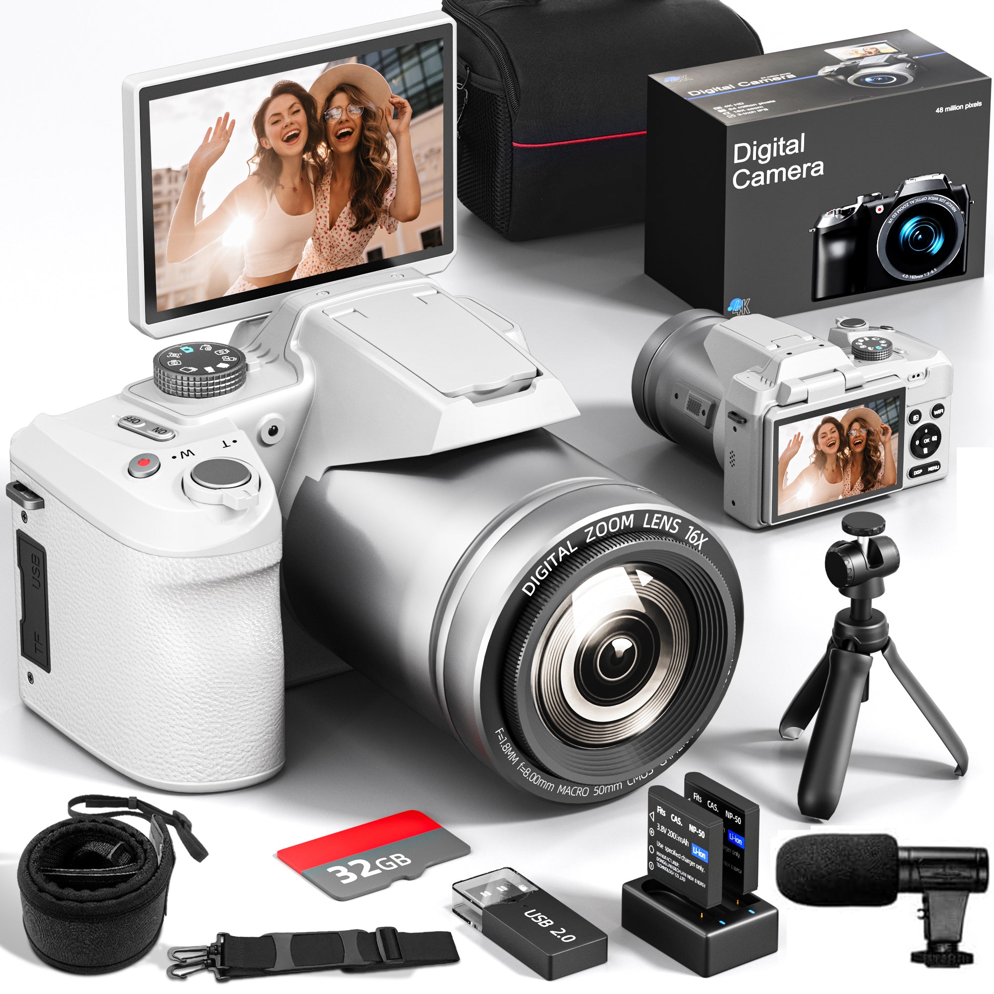 4K Professional Cameras for Photography 64MP - 16X Zoom, WiFi, 3” 180° Flip Screen, Autofocus & Anti-Shake, 32G Card, 2 Batteries, Digital Camera for Vlogging YouTube Live Streaming