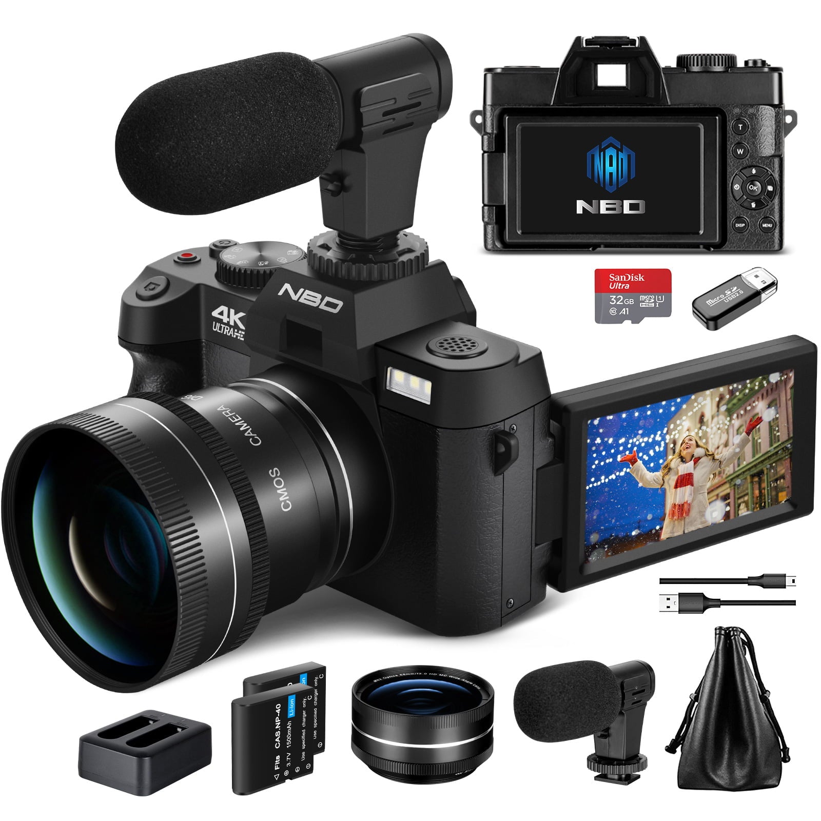 NBD 48MP 4K Video Camera 3.0 Flip Screen  Vlogging Camera with Wide  Angle Lens and 16X Digital Zoom