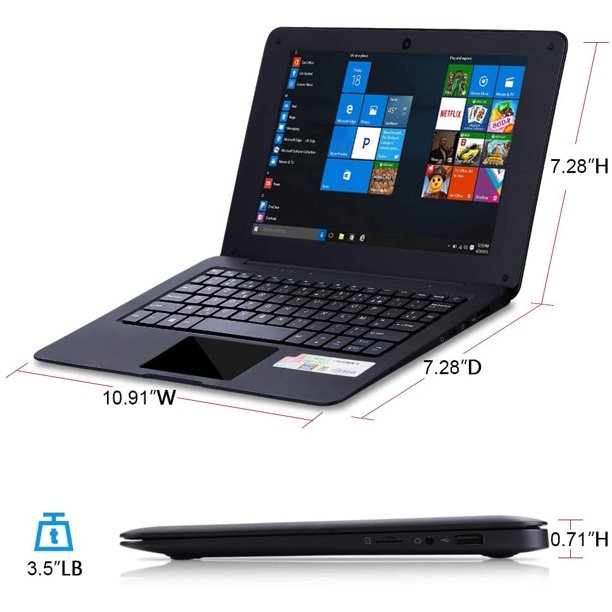 Windows 10 Laptop - 10.1 Inch Quad Core Notebook with Bluetooth, WiFi, Webcam, HDMI (Black)