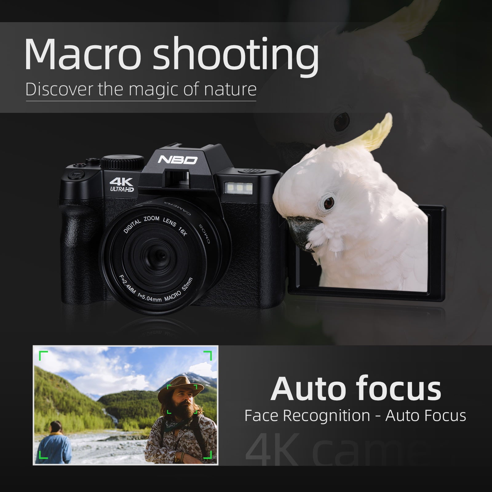 NBD 48MP 4K Video Camera 3.0" Flip Screen YouTube Vlogging Camera with Wide Angle Lens and 16X Digital Zoom
