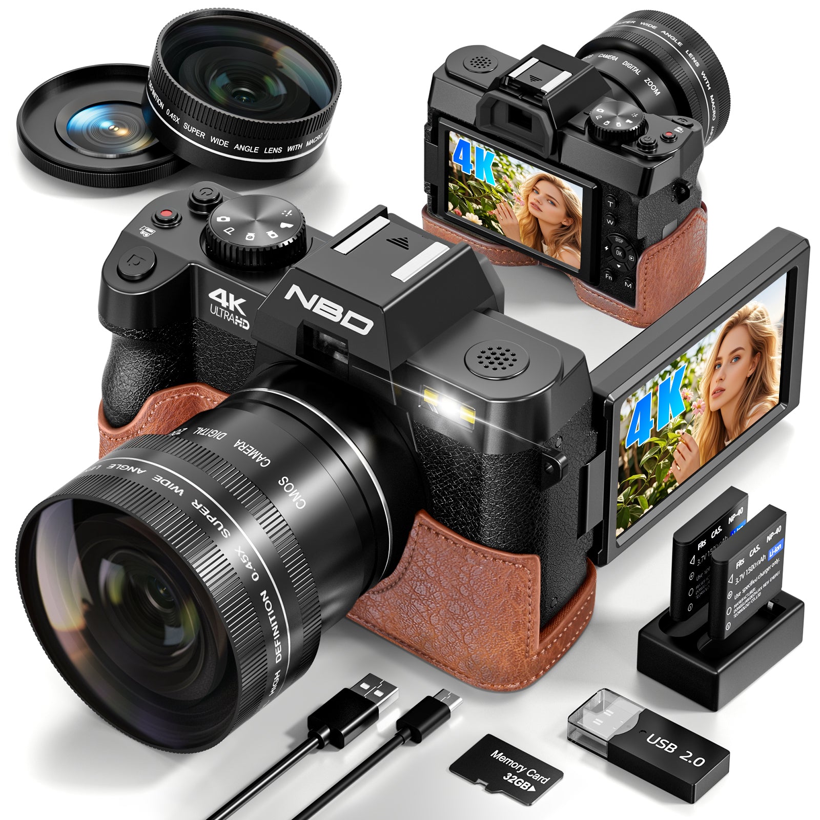 NBD aparat cyfrowy 4K 48MP z obiektywem i mikrofonem, z WiFi i aplikacją sterującą, 4K z autofokusem, aparat do vlogowania na YouTube z 16-krotnym zoomem, stabilizacją obrazu, 2 bateriami, 1 kartą TF, w zestawie etui skórzane