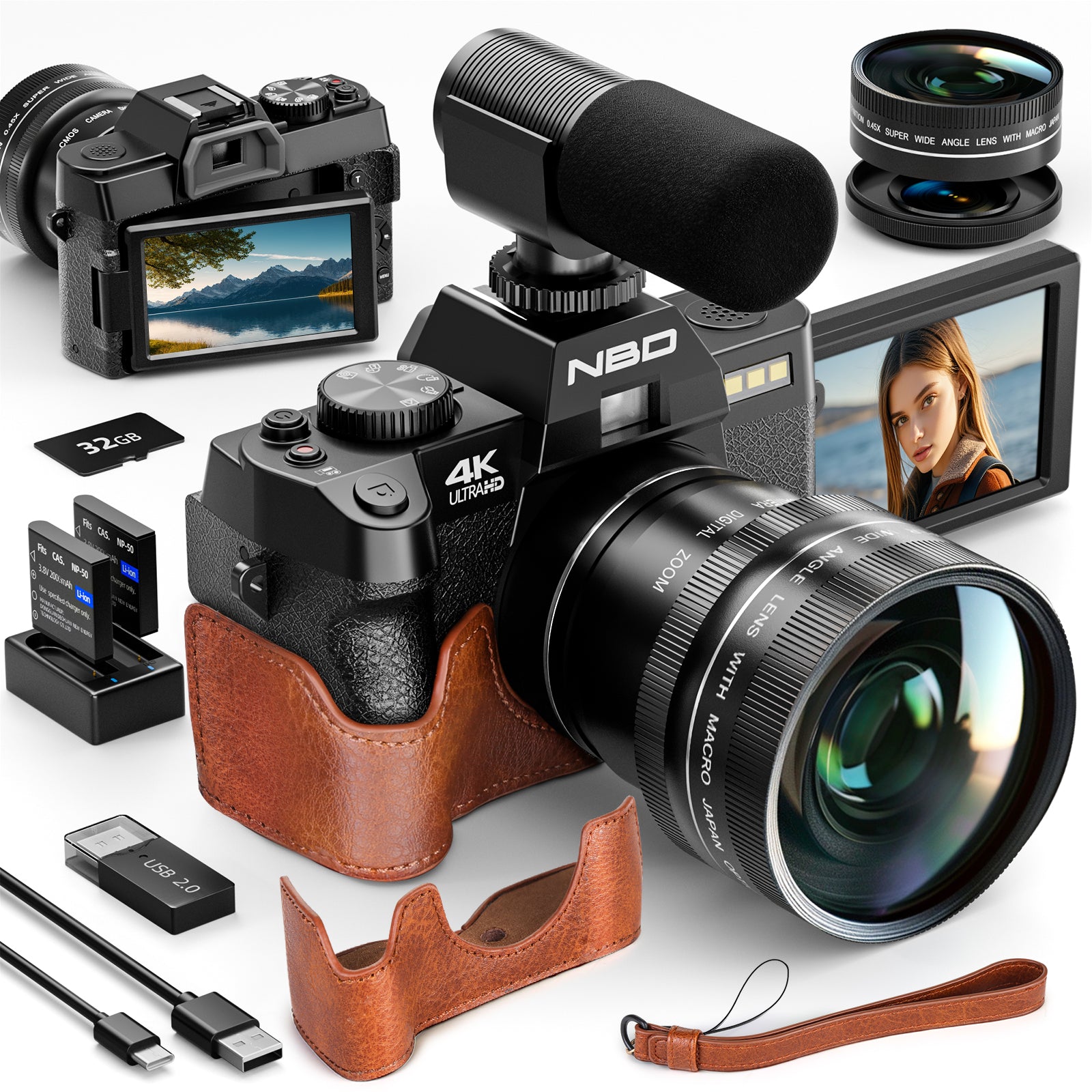 NBD aparat cyfrowy 5K 48MP z obiektywem i mikrofonem, z WiFi i aplikacją sterującą, 5K z autofokusem, aparat do vlogowania na YouTube z 16-krotnym zoomem, stabilizacją obrazu, 2 bateriami, 1 kartą TF, w zestawie etui skórzane