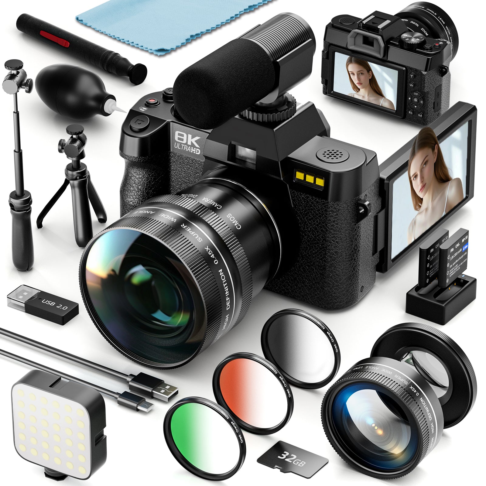 NBD aparat cyfrowy 8K 64MP kompletny zestaw: obiektyw, mikrofon, statyw, 3-kolorowy filtr, lampa błyskowa, WiFi i aplikacja sterująca, stabilizacja obrazu, 2 baterie, 1 karta TF
