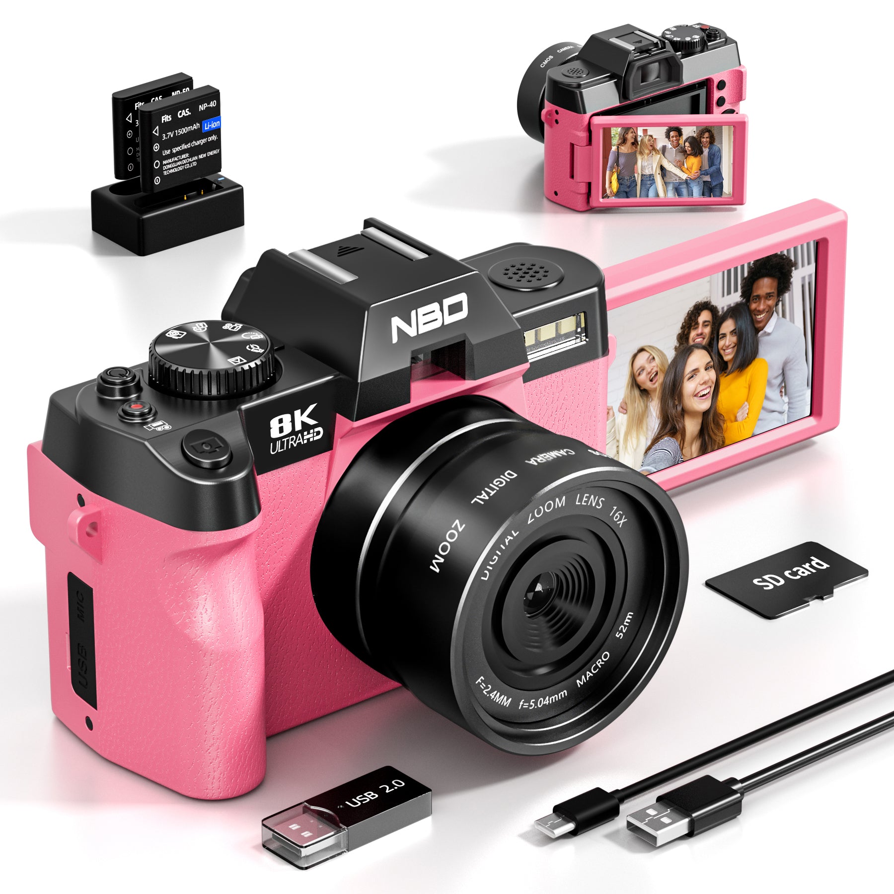 NBD aparat cyfrowy 8K 64MP do fotografii z WiFi i aplikacją sterującą, 8K z autofokusem, aparat do vlogowania na YouTube z 16-krotnym zoomem, stabilizacją obrazu, 2 bateriami, 1 kartą TF – tylko korpus (bez obiektywu) (kolor różowy)
