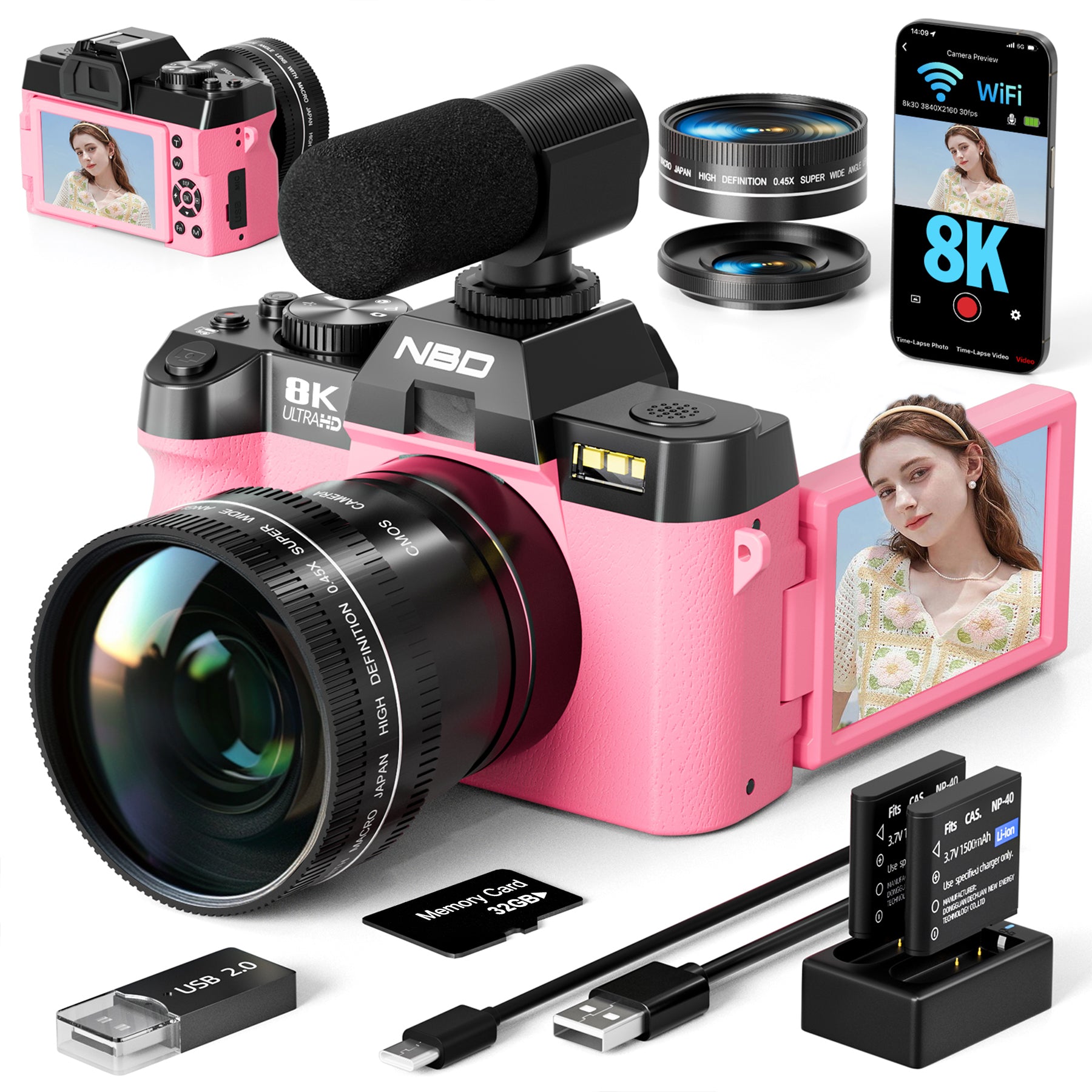 NBD aparat cyfrowy 8K 64MP z obiektywem i mikrofonem, z WiFi i aplikacją sterującą, 8K z autofokusem, aparat do vlogowania na YouTube z 16-krotnym zoomem, stabilizacją obrazu, 2 bateriami, 1 kartą TF (kolor różowy)