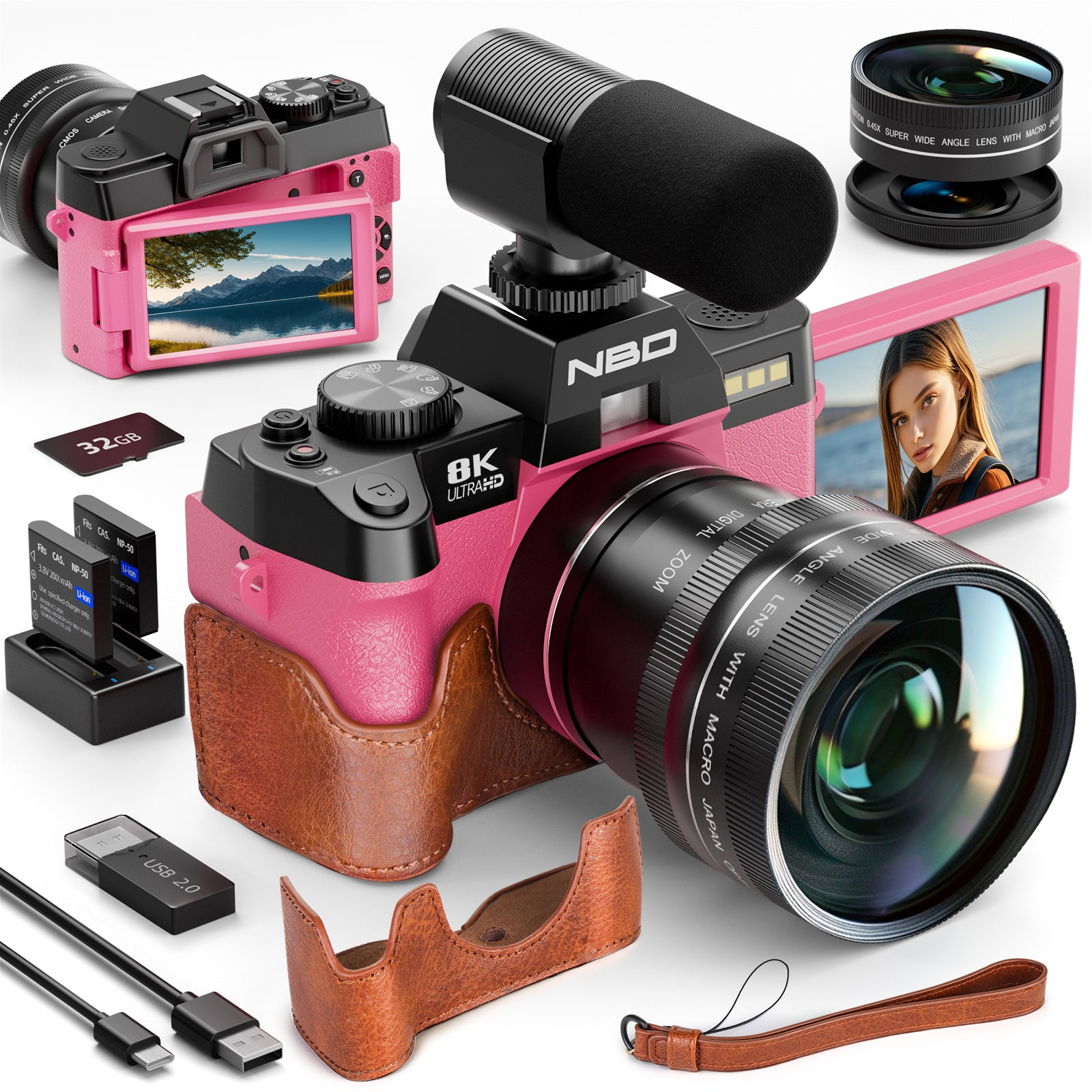 NBD aparat cyfrowy 8K 64MP kompletny zestaw: obiektyw, mikrofon, statyw, 3-kolorowy filtr, lampa błyskowa, WiFi i aplikacja sterująca, stabilizacja obrazu, 2 baterie, 1 karta TF, w zestawie etui skórzane (kolor różowy)