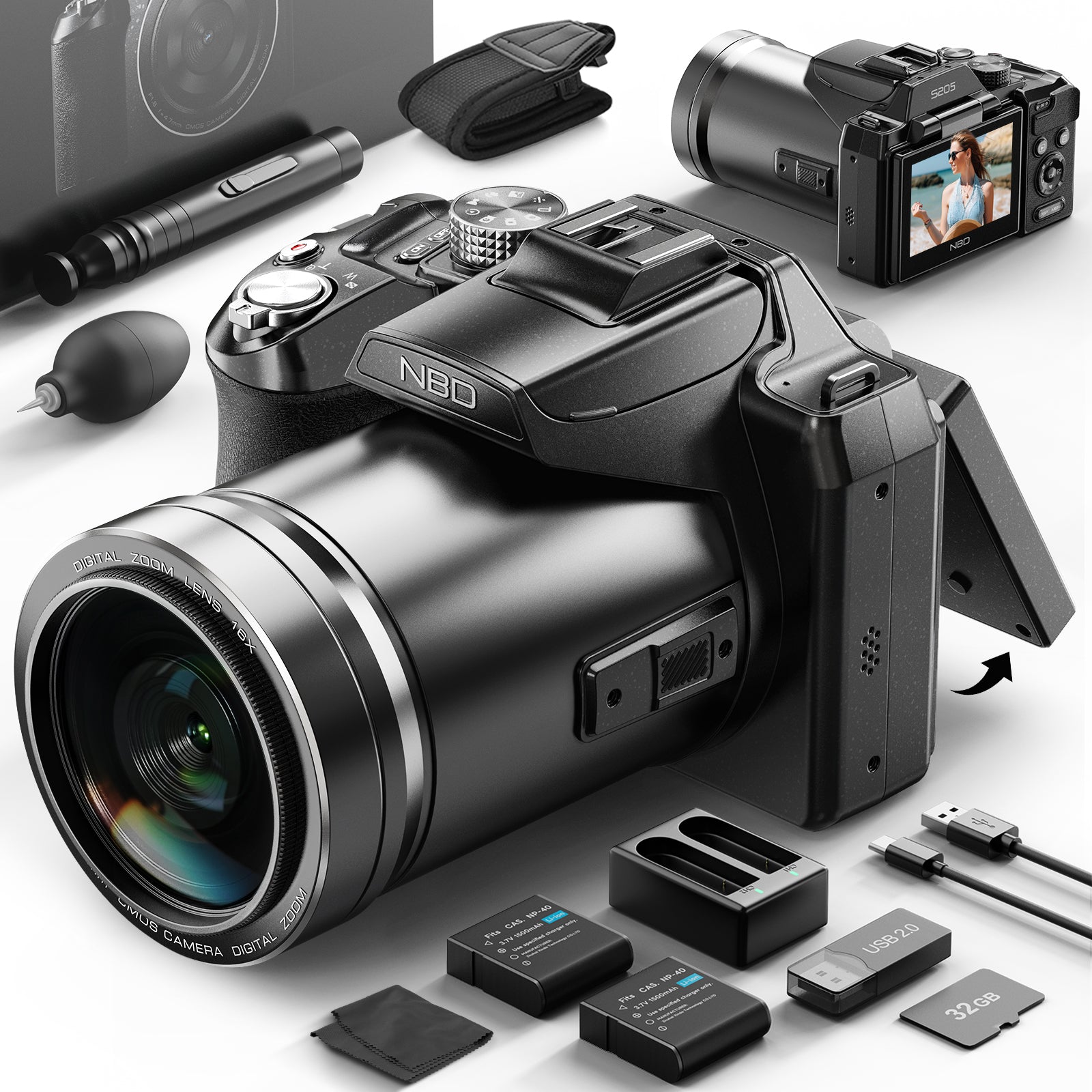 NBD 5K cyfrowy aparat 48MP UHD, aparat do vlogowania z autofokusem z 180° obracanym ekranem i WiFi, kompaktowy aparat z 16-krotnym zoomem z nocnym widzeniem 1.8, gorącą stopką, kartą TF 32GB i 2 bateriami