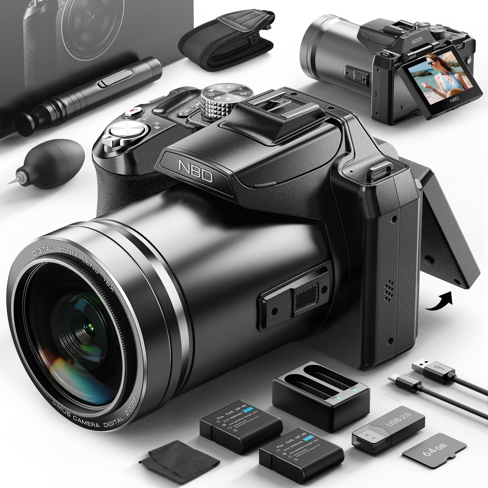 NBD 5K cyfrowy aparat 48MP UHD, aparat do vlogowania z autofokusem z 180° obracanym ekranem i WiFi, kompaktowy aparat z 16-krotnym zoomem z nocnym widzeniem 1.8, gorącą stopką, kartą TF 64GB i 2 bateriami