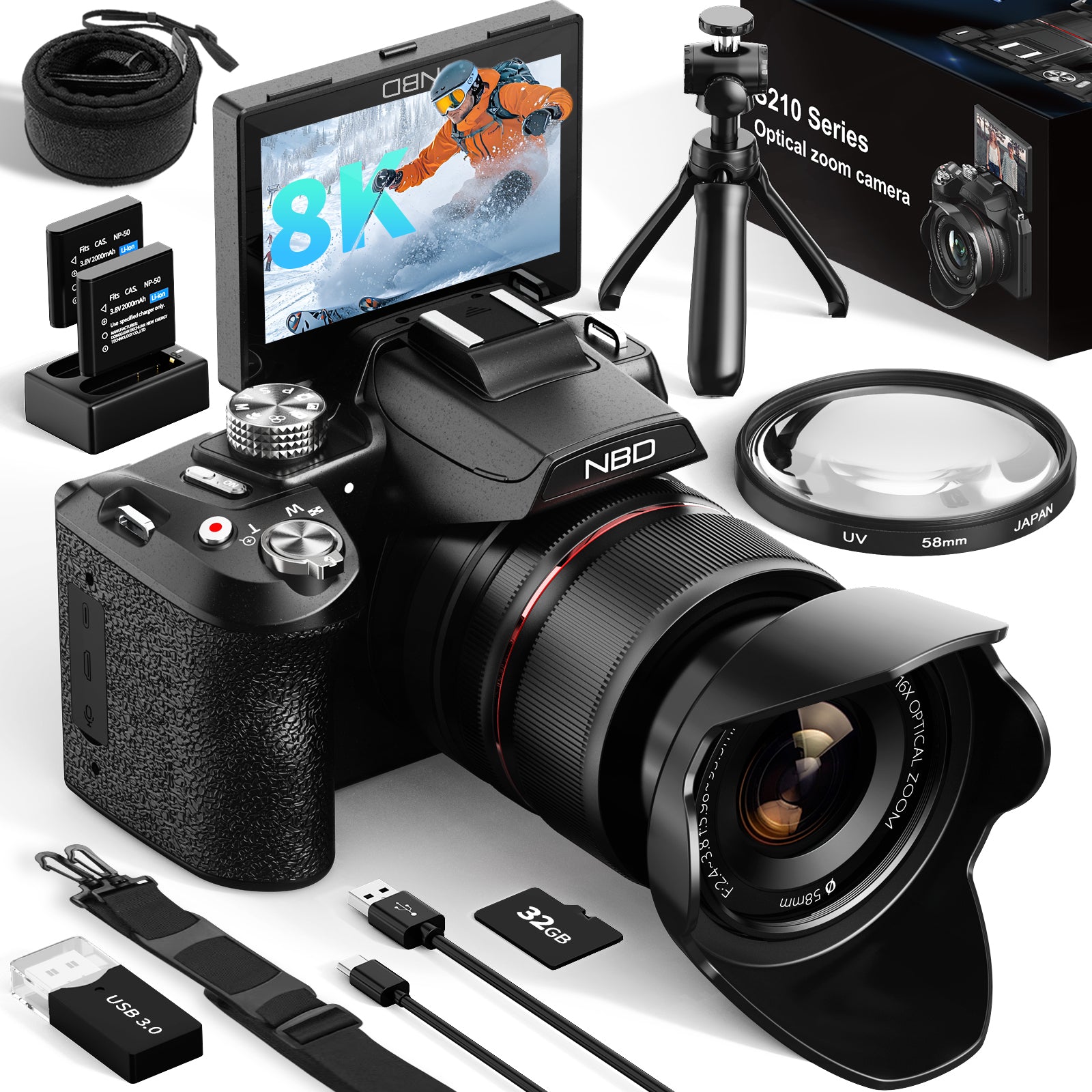 NBD 8K cyfrowy aparat, 64MP UHD, 16-krotny zoom optyczny, sterowanie przez aplikację Wi-Fi, autofokus, stabilizacja obrazu, 180° obracany ekran, w zestawie karta TF 32GB i 2 baterie, do YouTube i fotografii