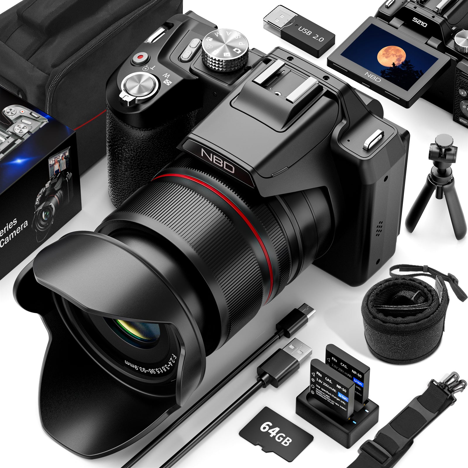 NBD 5K cyfrowy aparat, 48MP UHD, 16-krotny zoom optyczny, sterowanie przez aplikację Wi-Fi, autofokus, stabilizacja obrazu, 180° obracany ekran, w zestawie karta TF 64GB i 2 baterie, do YouTube i fotografii