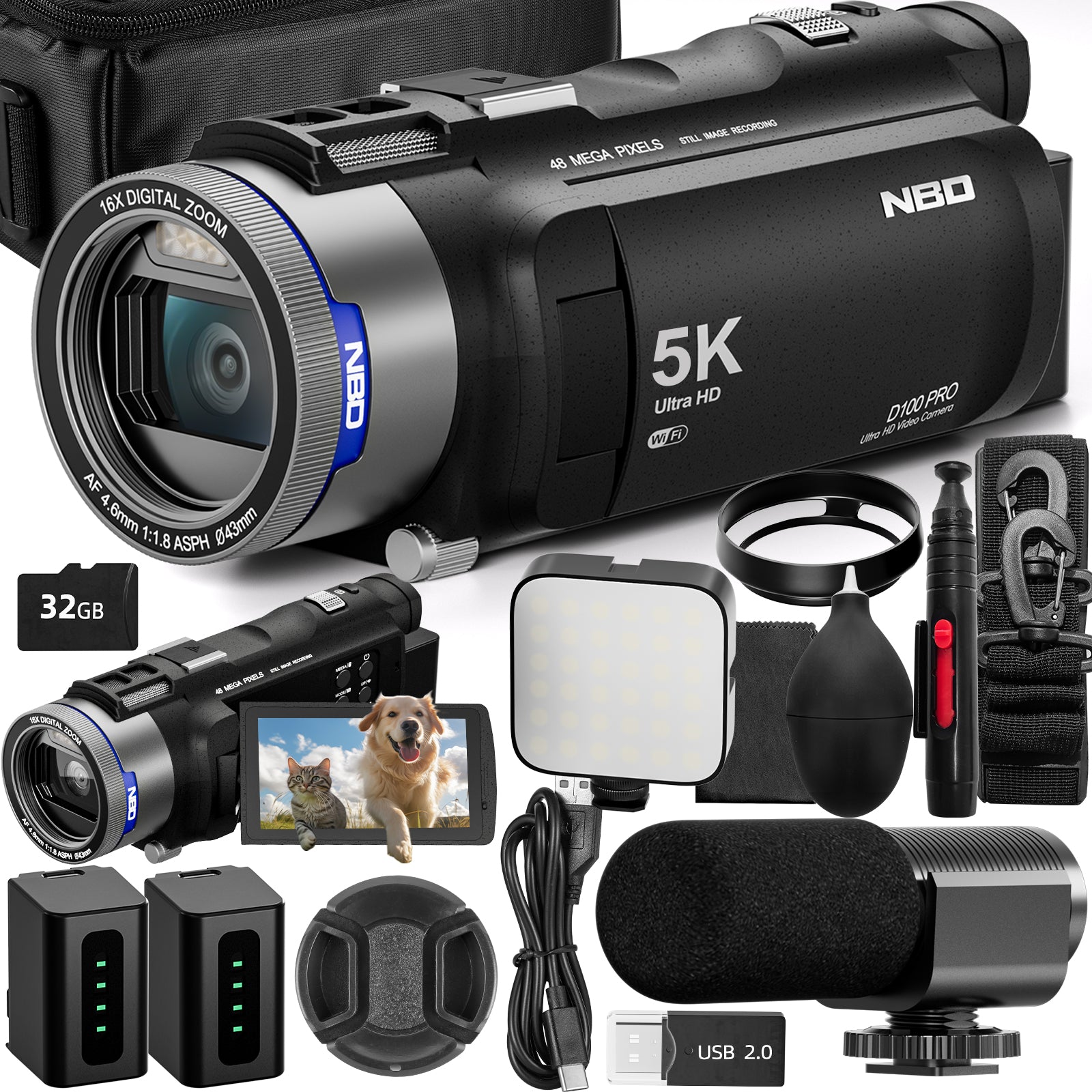 NBD kamera wideo 5K 48MP, 180 minut długiej żywotności baterii, 16-krotny zoom, przysłona F1.8, autofokus | 3.0" 270° obracany ekran, kamera internetowa do transmisji na żywo, wydarzeń rodzinnych i vlogów podróżniczych, w zestawie karta TF 64GB