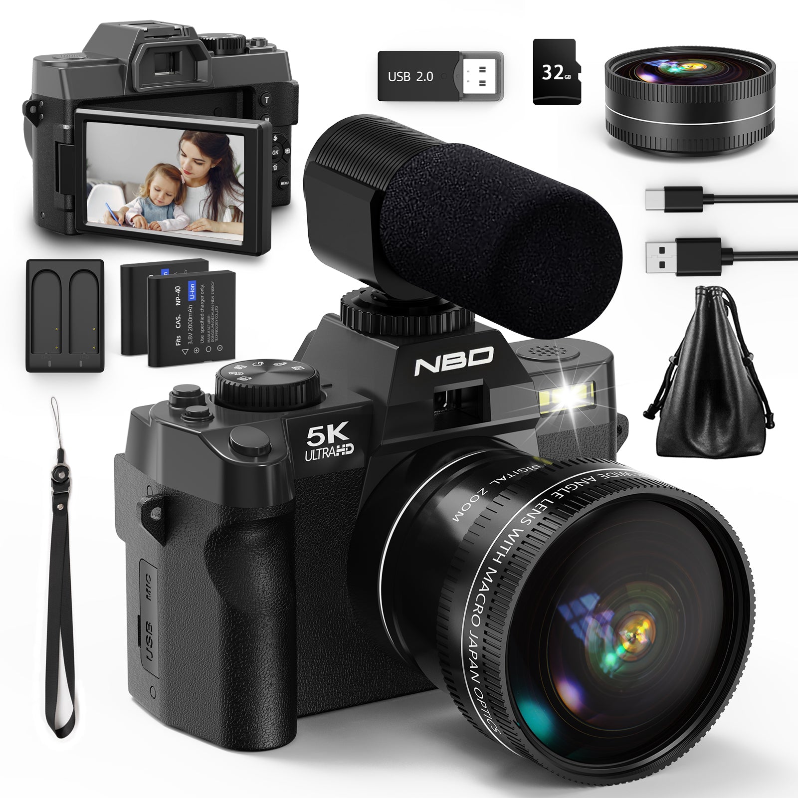 NBD 5K 48MP aparat cyfrowy z obiektywem i mikrofonem, WiFi, aplikacja, autofokus 5K, 16× zoom, stabilizacja obrazu – do vlogowania na YouTube. W zestawie 2 baterie + karta TF.