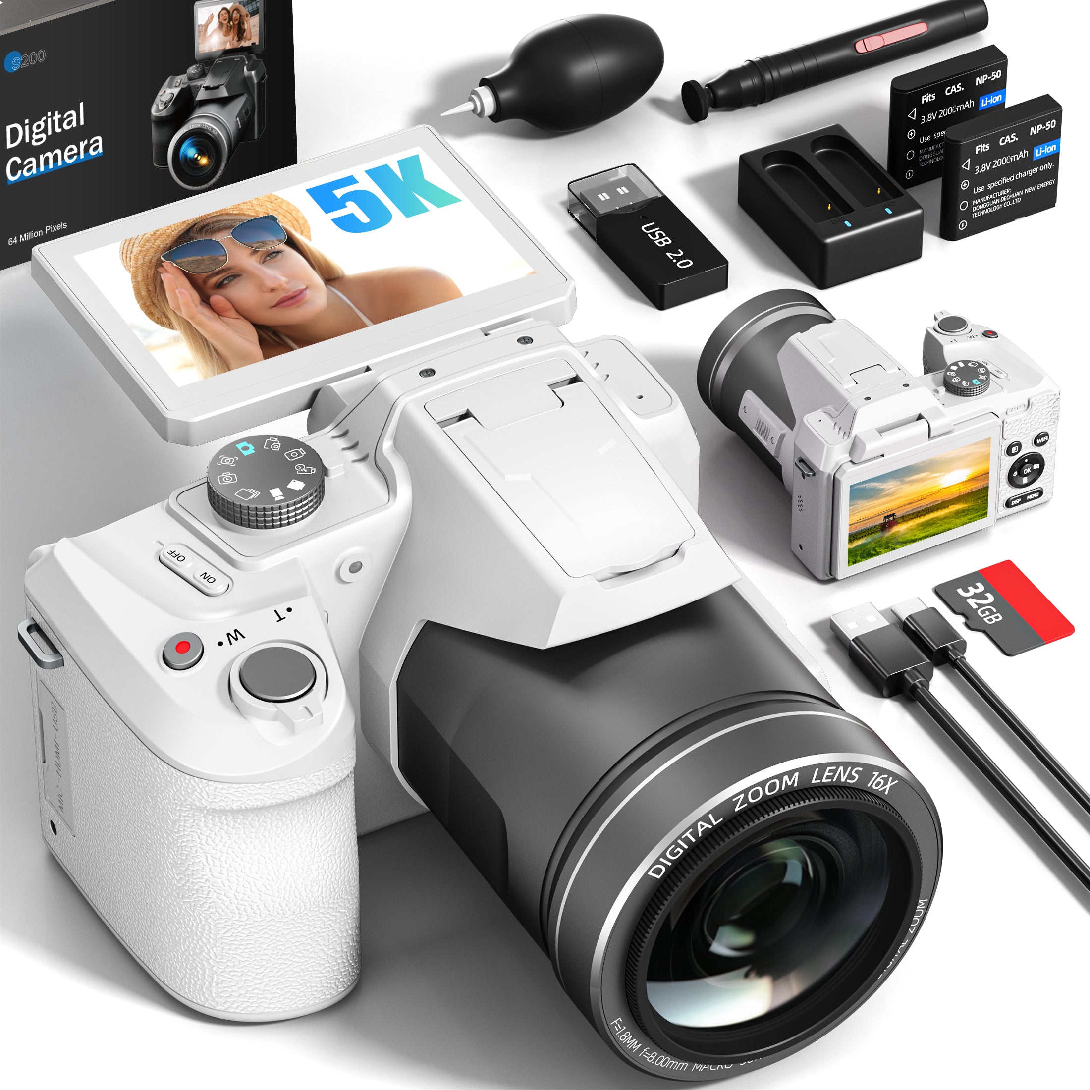 NBD 64MP 5K Autofocus Digital Camera with WiFi and App Control, 16X Zoom, Anti-Shake, and Flash – Compact Vlogging and Travel Camera with SD Card and 2 Batteries