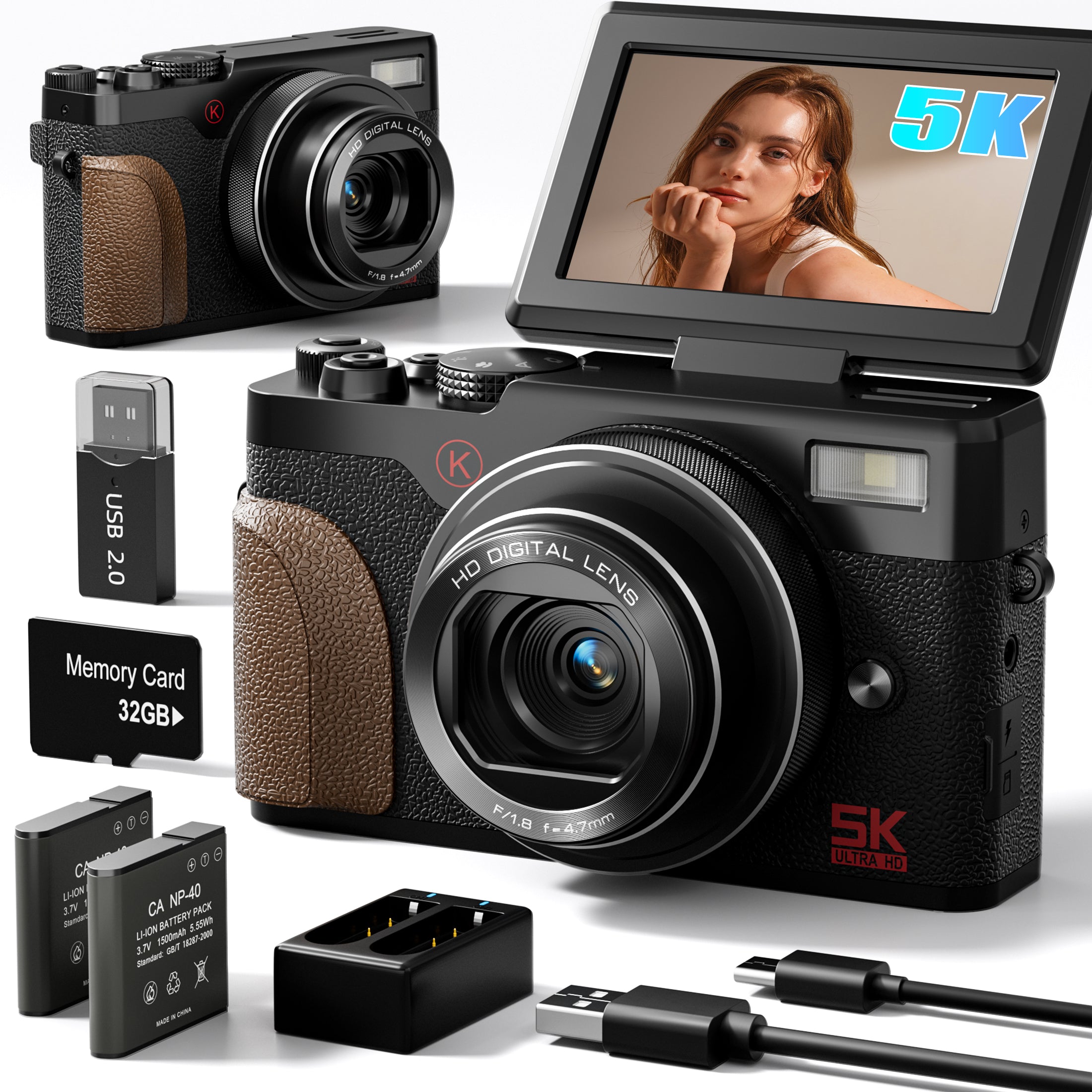 NBD 64MP 5K Autofocus Digital Camera with 180° Flip Screen, 18X Zoom and Anti-Shake – Compact Vlogging and Travel Camera, 3-Inch Screen, Includes 32GB SD Card and 2 Batteries