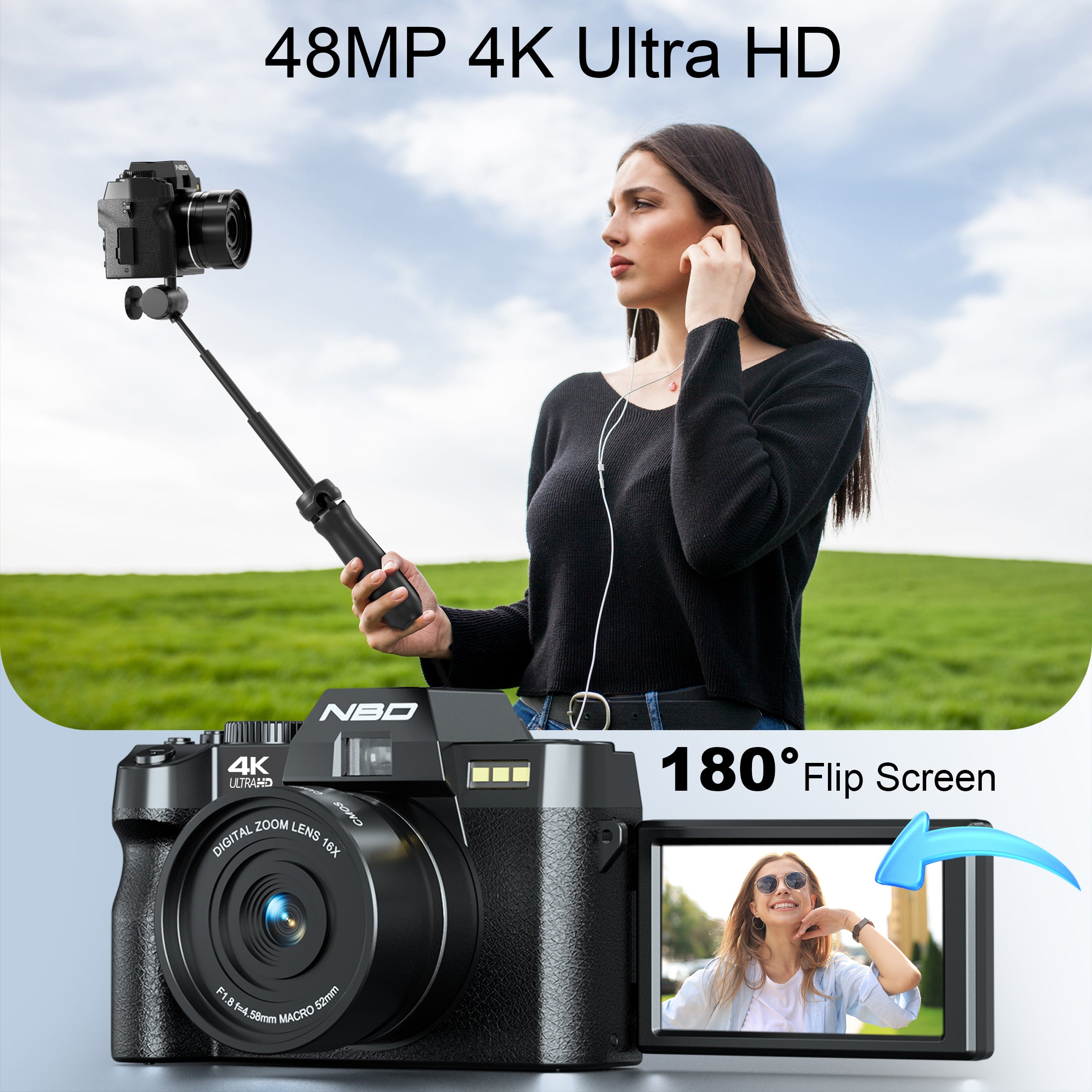 NBD 48MP 4K Digital Camera with 16X Zoom, WiFi App Control, Flip Screen, 2 Batteries & 32GB Card