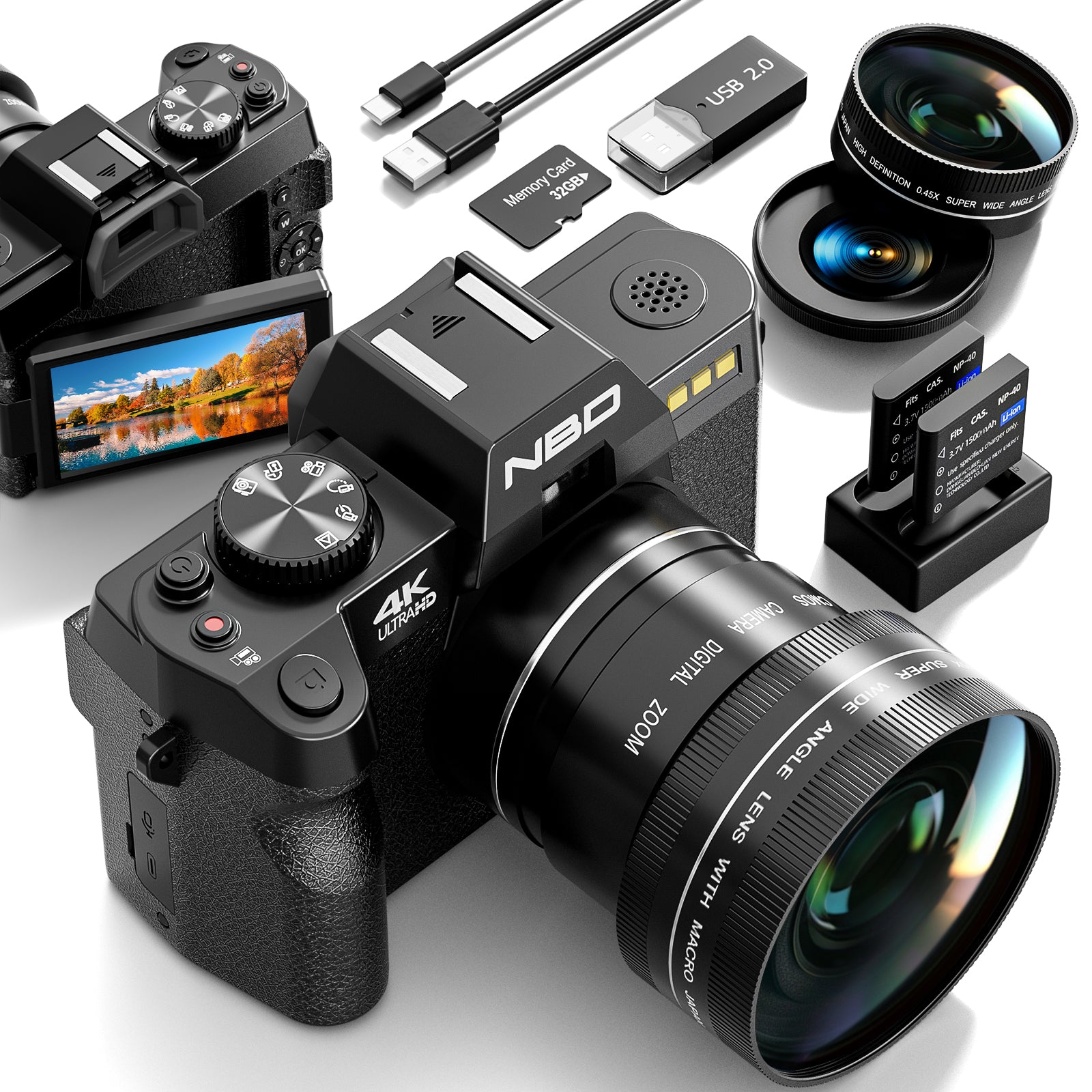 48MP Digital Camera for Photography, 4K Autofocus, WiFi & App Control, 16X Zoom, 2 Batteries, Wide-Angle & Macro Lens, 32GB Card