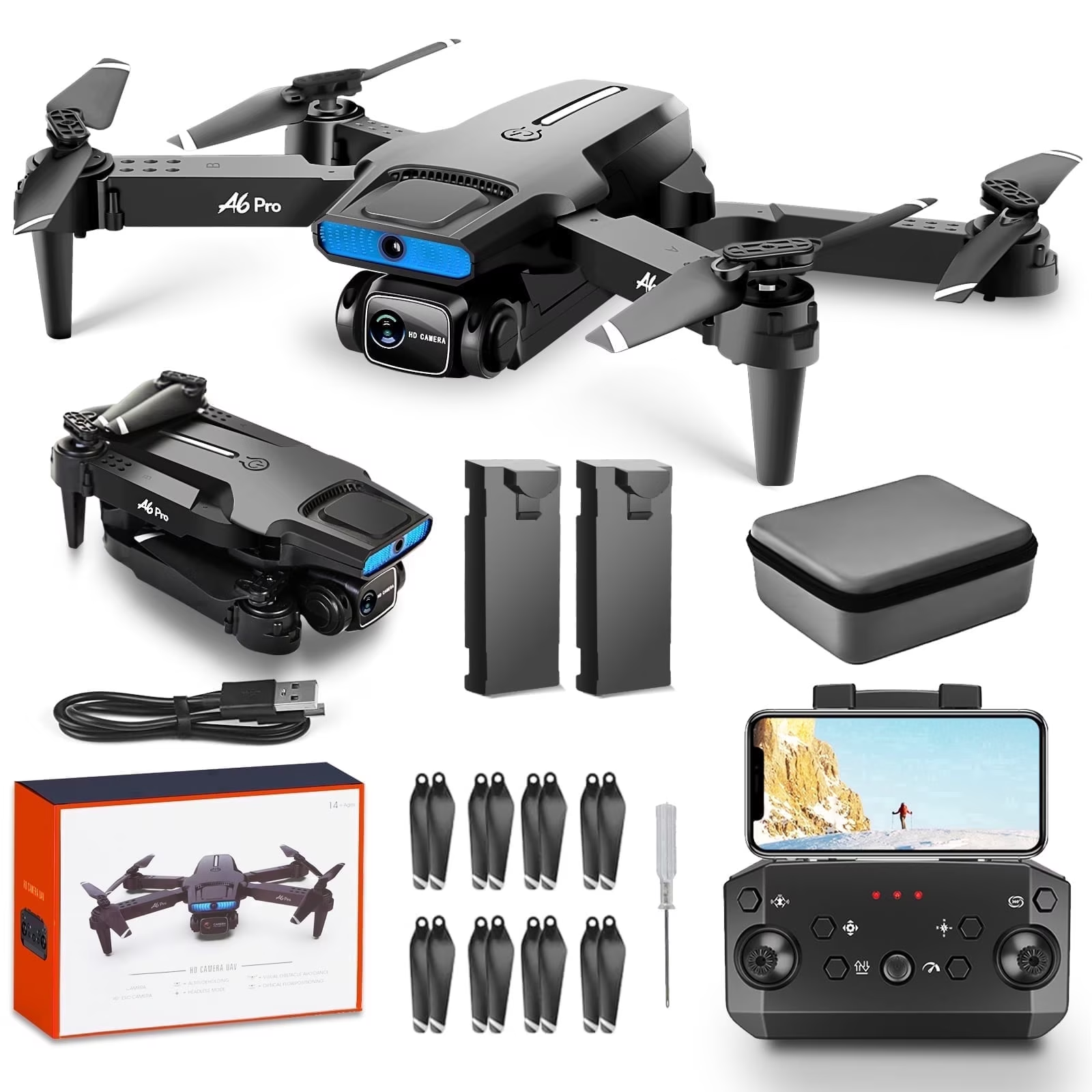 HHD A6 Pro GPS Drone for Beginners with 2K Camera, 2.4G Wifi Live Transmission, 40 Minutes Flight Time