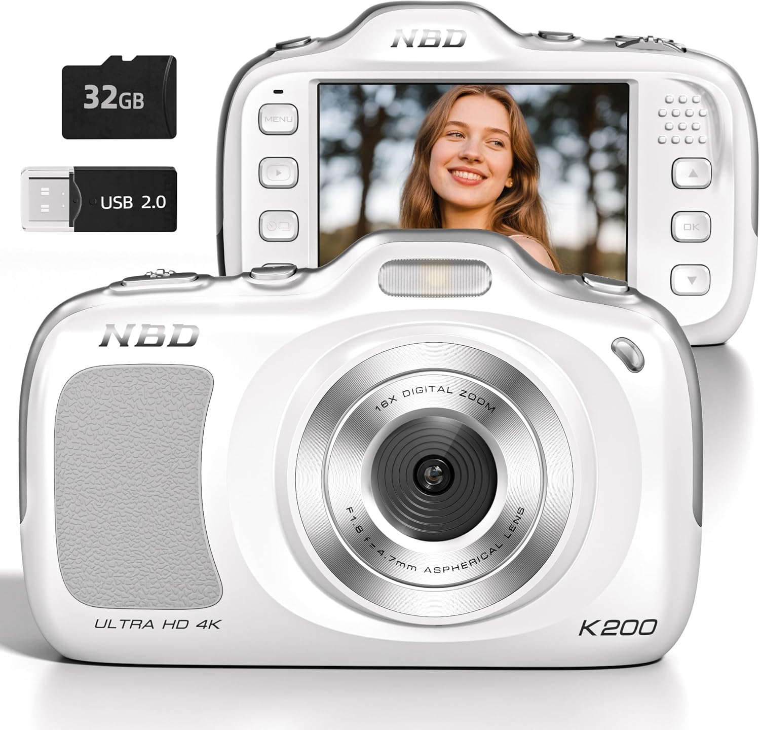 True 4K Digital Camera with Beauty Mode, 64MP Vlogging Camera for Beginners,16X Zoom, Anti-Shake & Autofocus, 32GB Card, 120g Ultra Compact Portable Cameras for Photography (White)