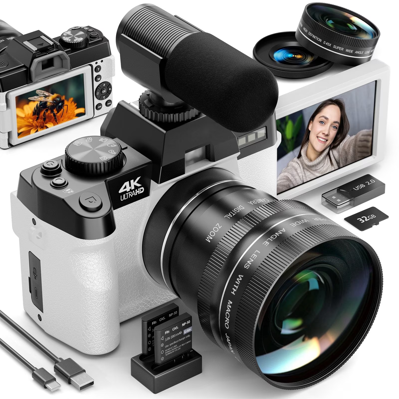 HHD 4K 48MP Vlogging Digital Camera,180° Flip Screen,External Mic,16X Zoom,WiFi,32GB TF Card & Full Accessories,White