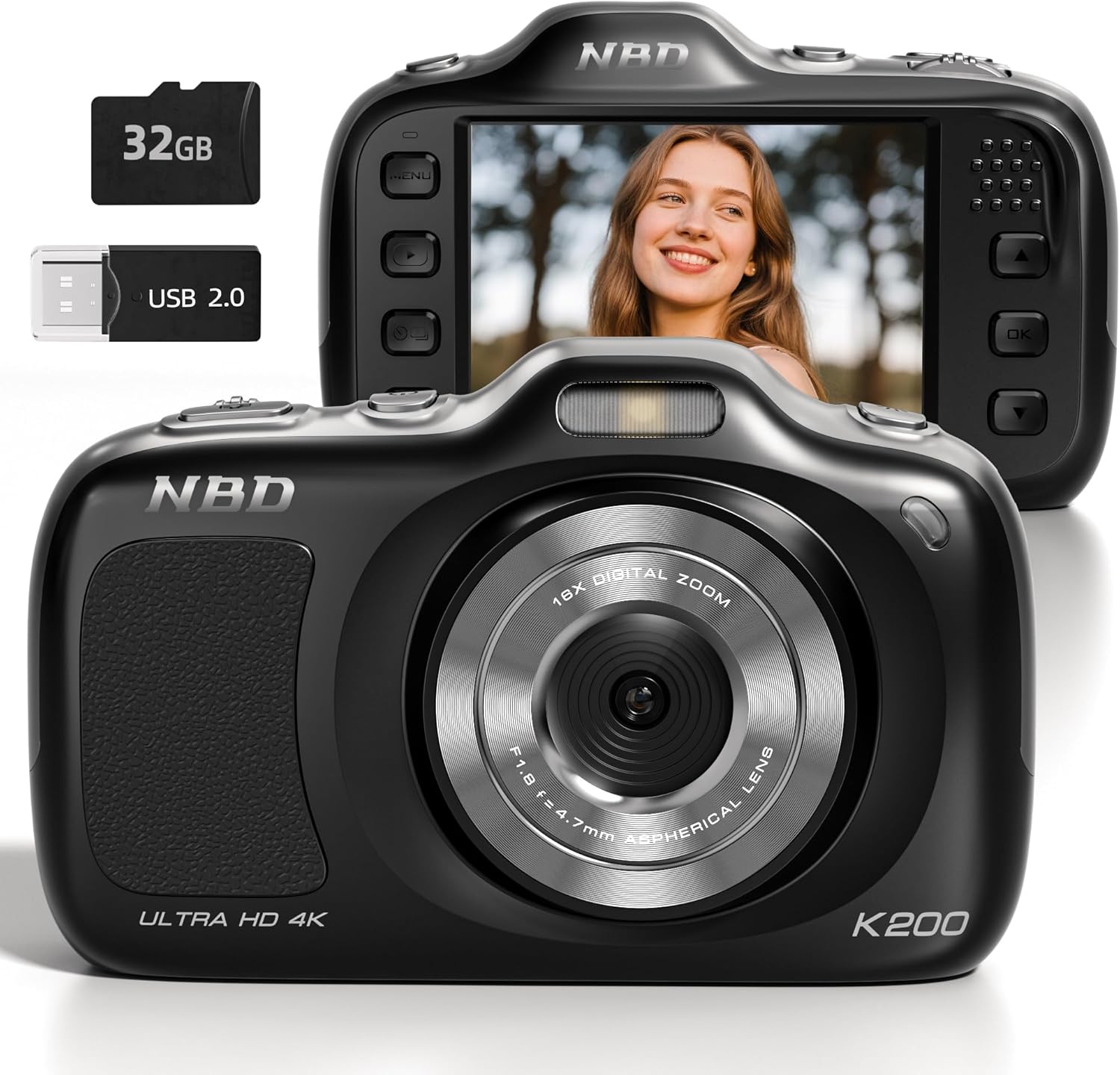 64MP 4K Digital Camera for Photography with Autofocus, 16X Zoom, Compact Design, Includes 32GB SD Card,Black