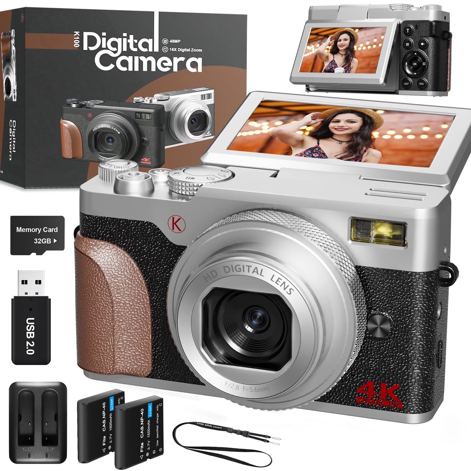4K UHD 56MP Digital Camera with Autofocus,180° Flip Screen,18X Digital Zoom,Built-in Fill Light,Anti-Shake,2 Batteries & 32GB SD Card