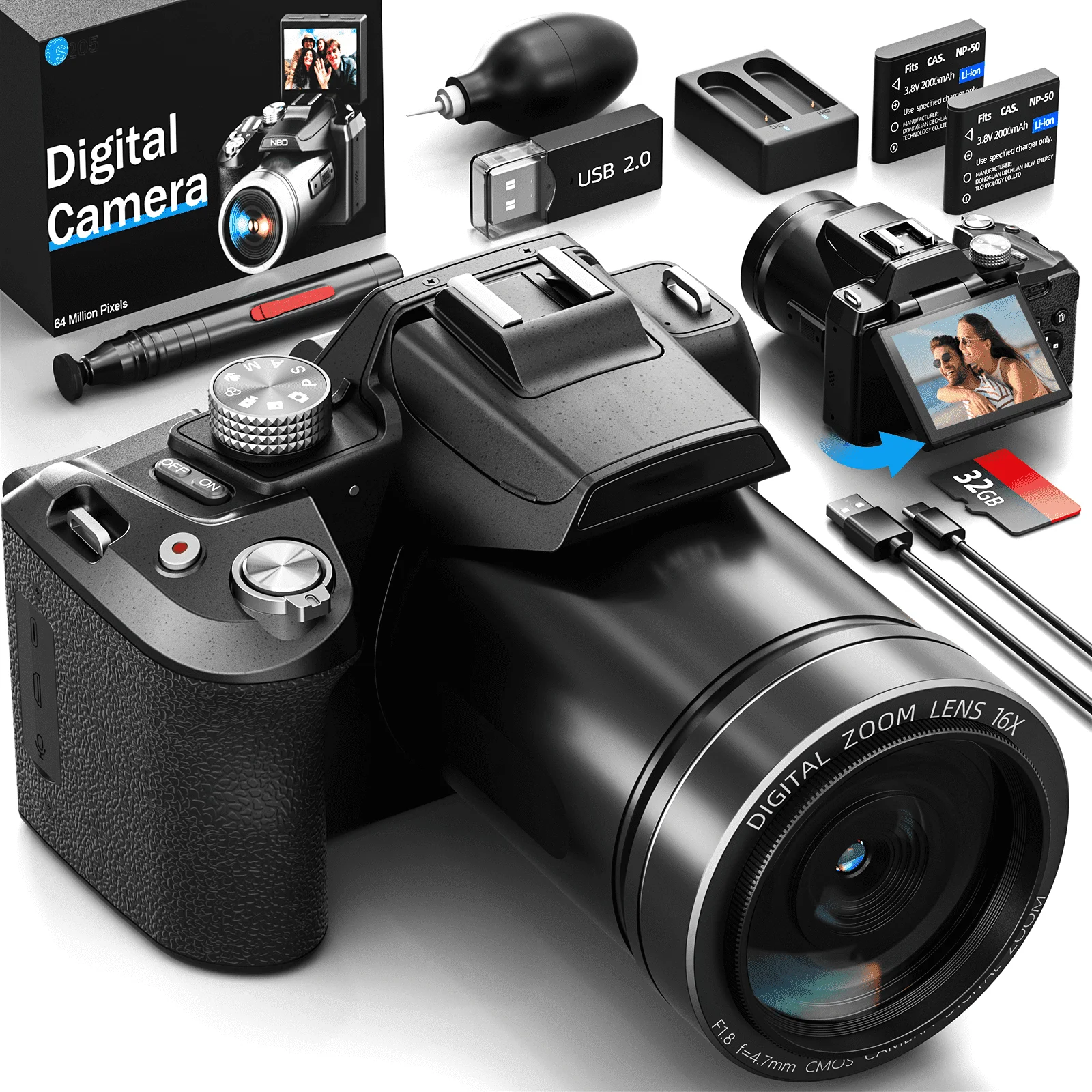 64MP 5K Autofocus Digital Vlogging Camera,WiFi App Control,16X Digital Zoom,Built-in Flash,2 Batteries & 32GB SD Card