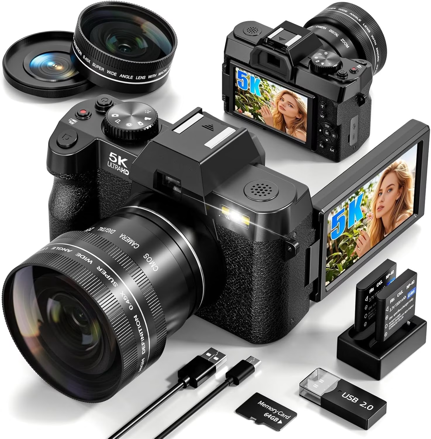 True 5K 48MP Autofocus Digital Vlogging Camera,180° Flip Screen,WiFi,16X Zoom,Anti-Shake,Wide & Macro Lens,64GB TF Card,Black