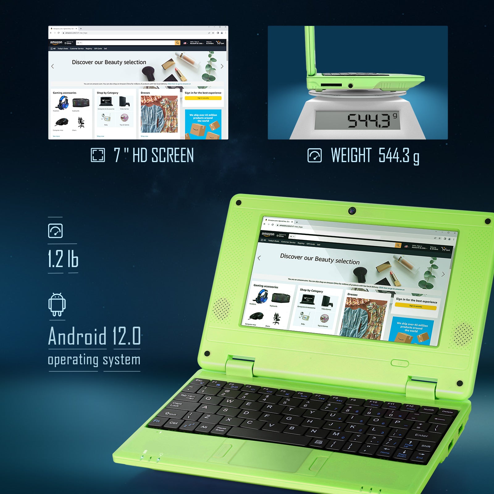 NBD Laptop Computer(7 inch), Quad Core Powered by Android 12.0, Netbook Computer with WiFi, Webcam and Bluetooth, Mini Laptop with Bag, Mouse, and Mouse Pad for Kids（Green）