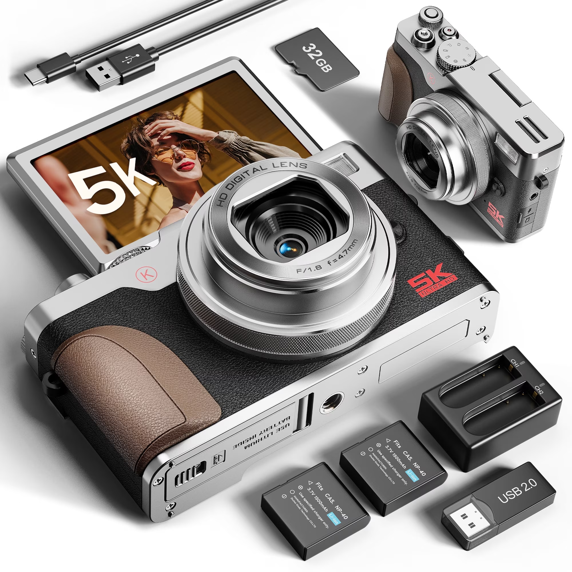64MP 5K Silver Digital Vlogging Camera,Autofocus,180° Flip Screen,18X Zoom,Fill Light,2 Batteries & 32GB SD Card for Content Creators