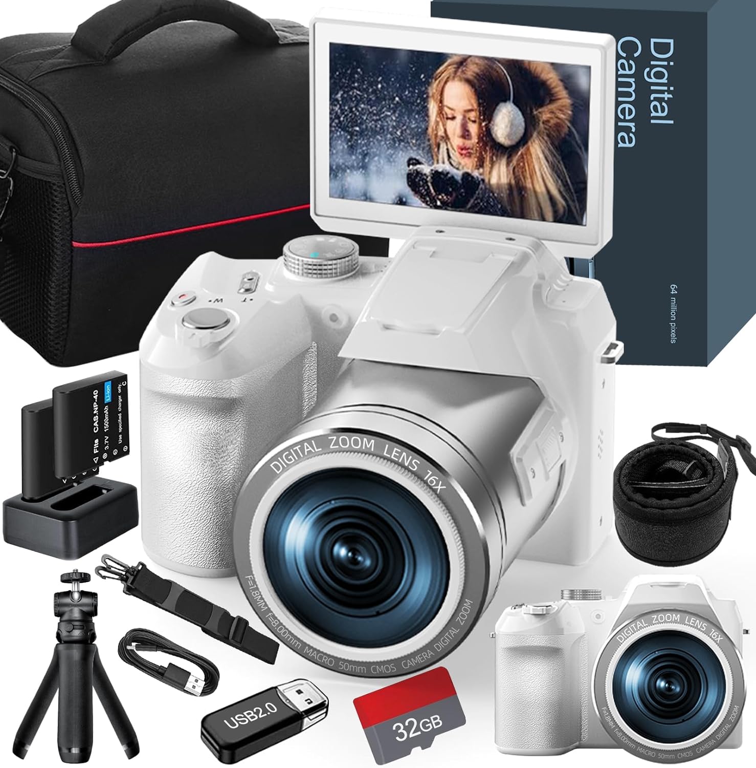 NBD Digital Camera for photography,4K 64MP Video Camera Youtube Vlogging Camera with 16X Digital Zoom and 32GB SD Card,White