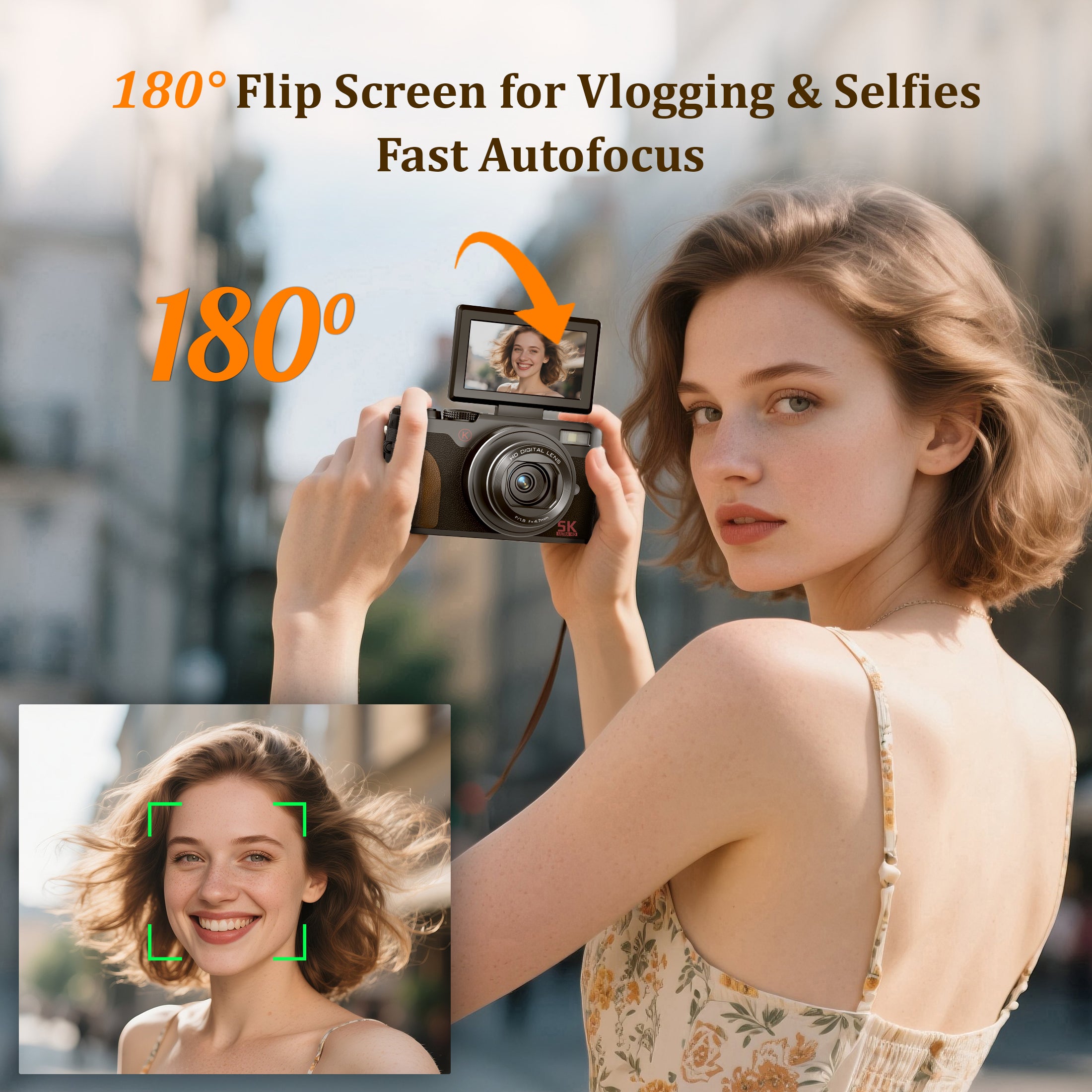 NBD 64MP 5K Autofocus Digital Camera with 180° Flip Screen, 18X Zoom and Anti-Shake – Compact Vlogging and Travel Camera, 3-Inch Screen, Includes 32GB SD Card and 2 Batteries