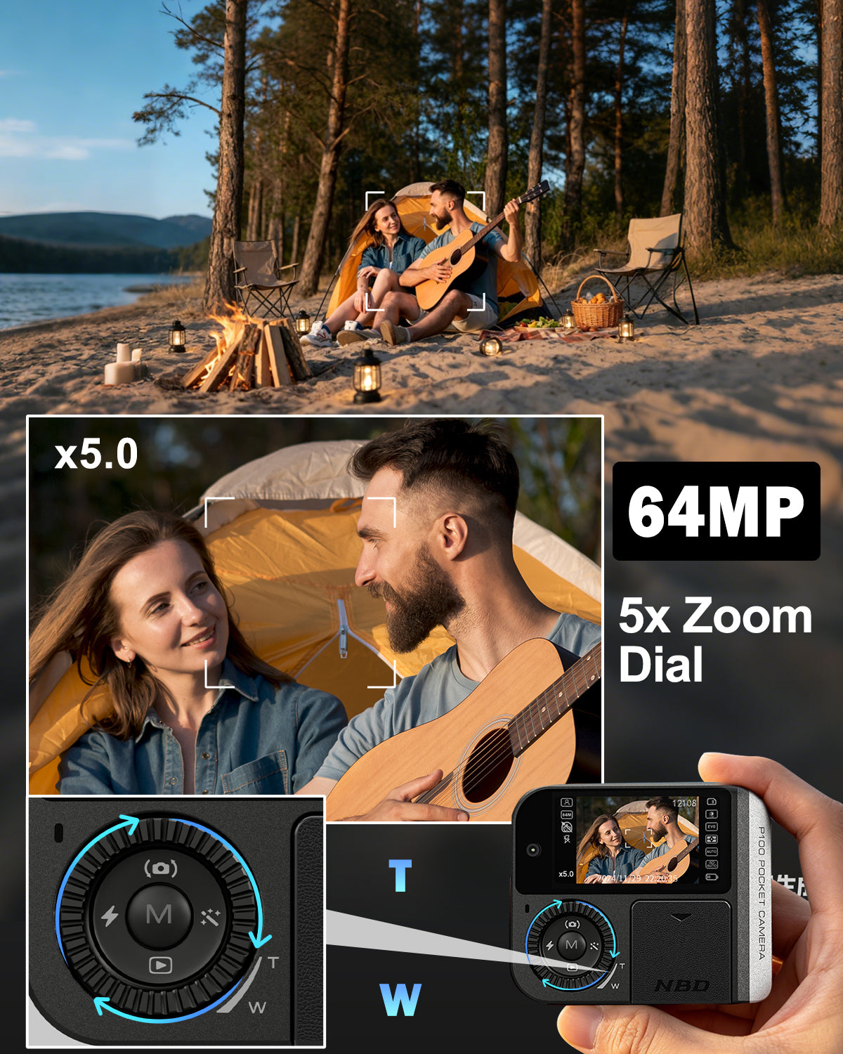 NBD Pocket Digital Camera 64MP with Flash, Dual Lens, 5X Zoom & 64GB Card
