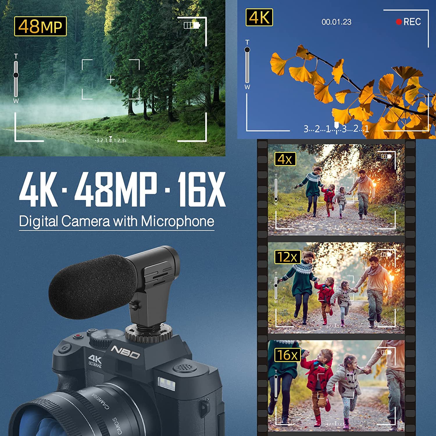 NBD 4K Digital Camera for Photography 48MP Vlogging Camera for Youtube with Microphone, WiFi, 3-Color Filter and Tripod Grip, Video Camera with Wide-Angle&Macro Lens
