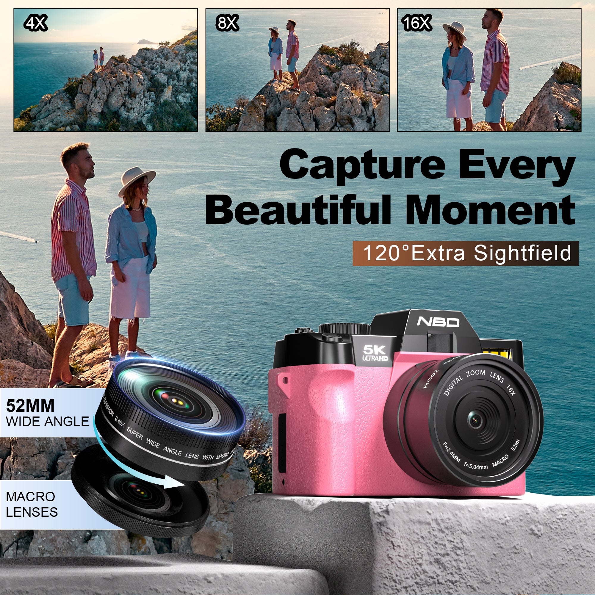 NBD 5K Digital Camera for Photography,48MP Autofocus Vlogging Camera for Youtube with 32GB TF Card，Pink