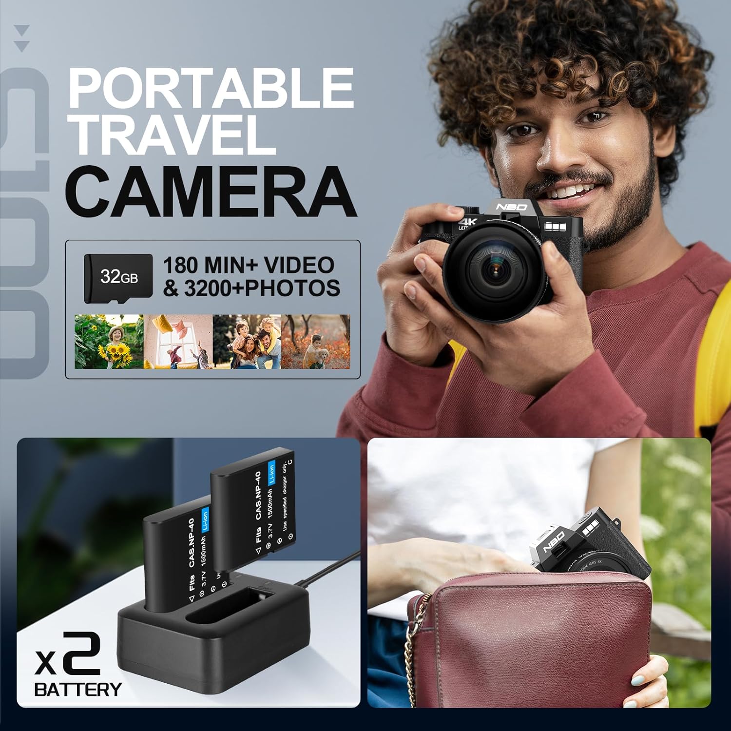 NBD 48MP 4K Digital Camera with 16X Zoom, WiFi App Control, Flip Screen, 2 Batteries & 32GB Card