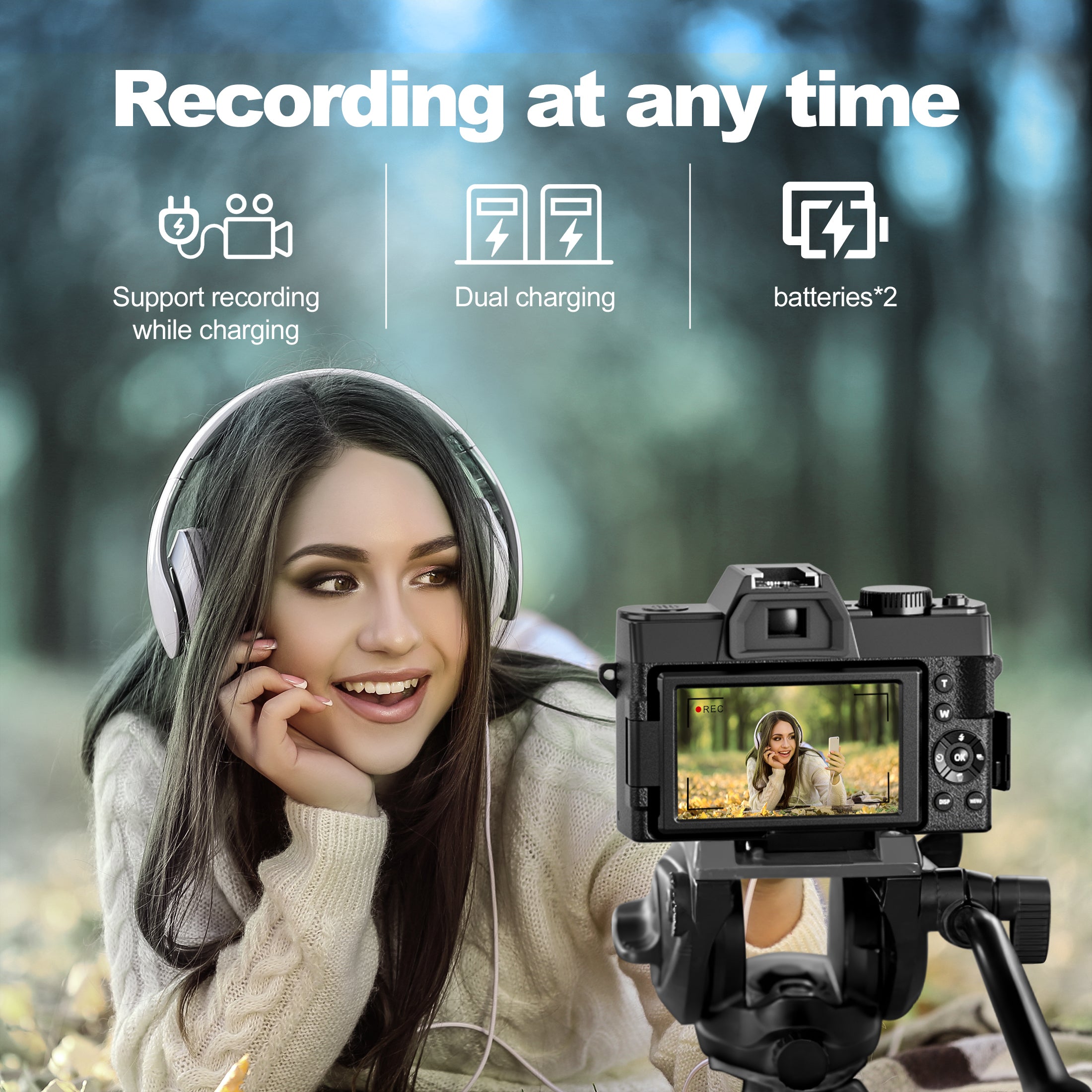 NBD 48MP 4K Digital Camera with 16X Zoom, WiFi App Control, Flip Screen, 2 Batteries & 32GB Card
