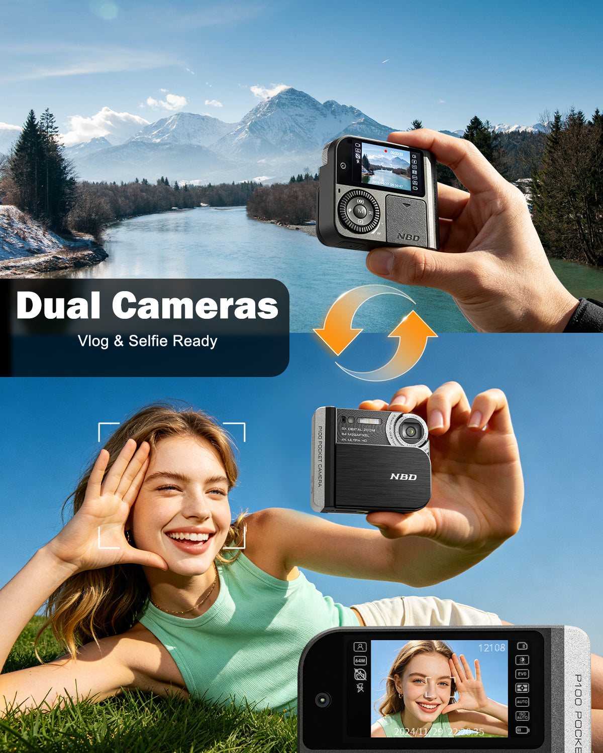 NBD Pocket Digital Camera 64MP with Flash, Dual Lens, 5X Zoom & 64GB Card