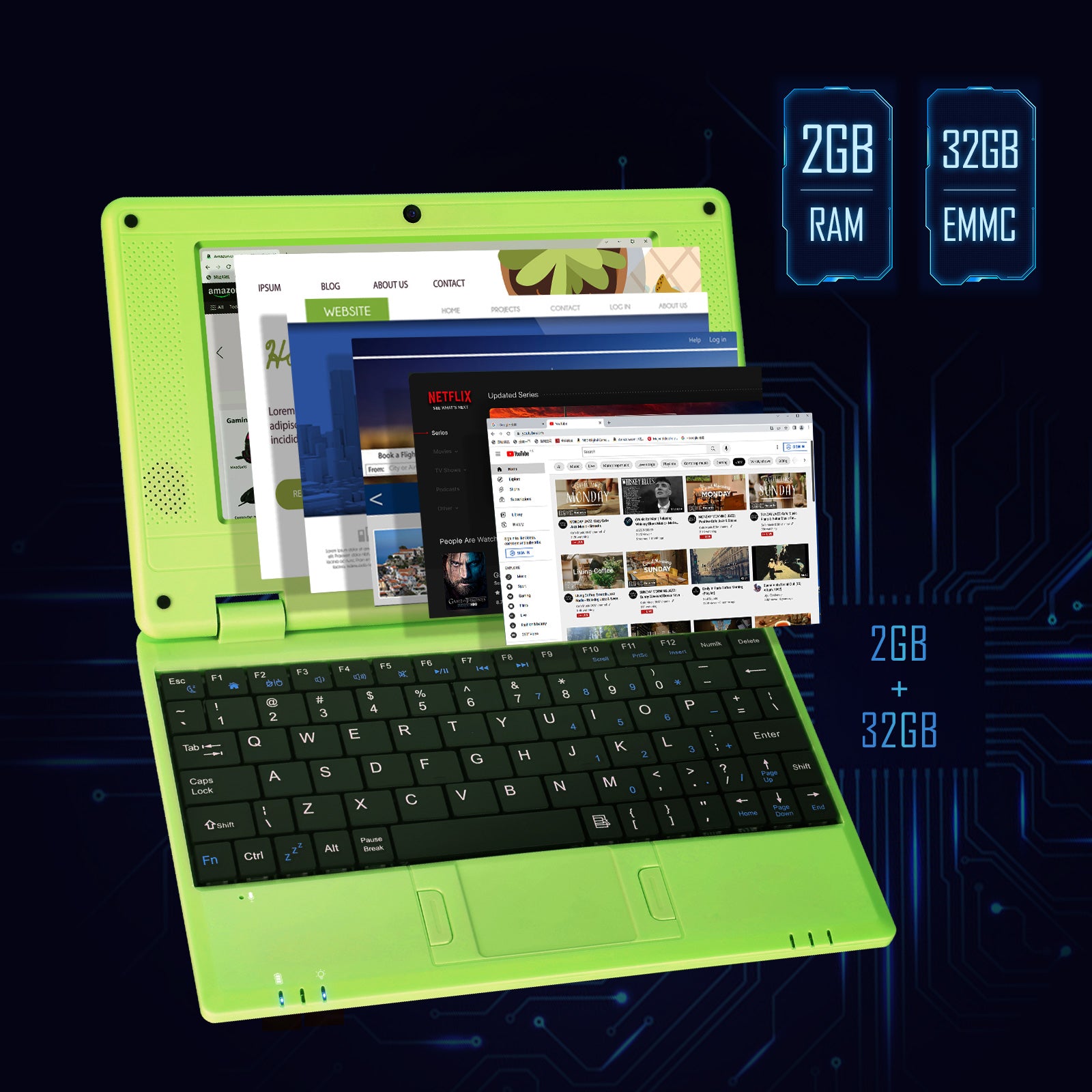 NBD Laptop Computer(7 inch), Quad Core Powered by Android 12.0, Netbook Computer with WiFi, Webcam and Bluetooth, Mini Laptop with Bag, Mouse, and Mouse Pad for Kids（Green）
