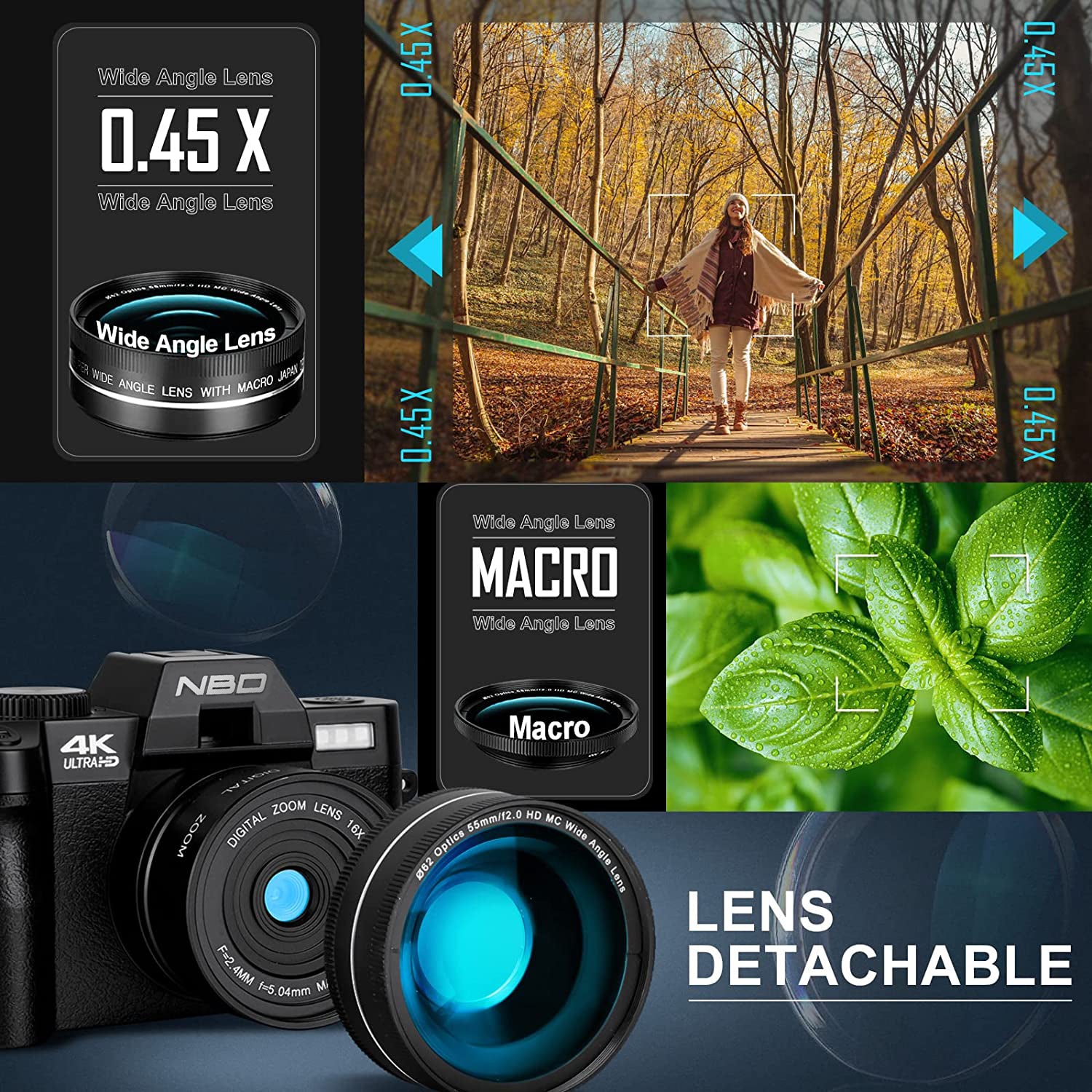 NBD 4K Digital Camera for Photography 48MP Vlogging Camera for Youtube with Microphone, WiFi, 3-Color Filter and Tripod Grip, Video Camera with Wide-Angle&Macro Lens