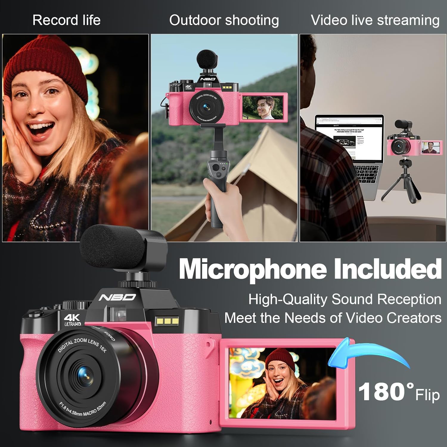 NBD 48MP 4K Digital Camera with 16X Zoom, WiFi App Control, Flip Screen, 2 Batteries & 32GB Card