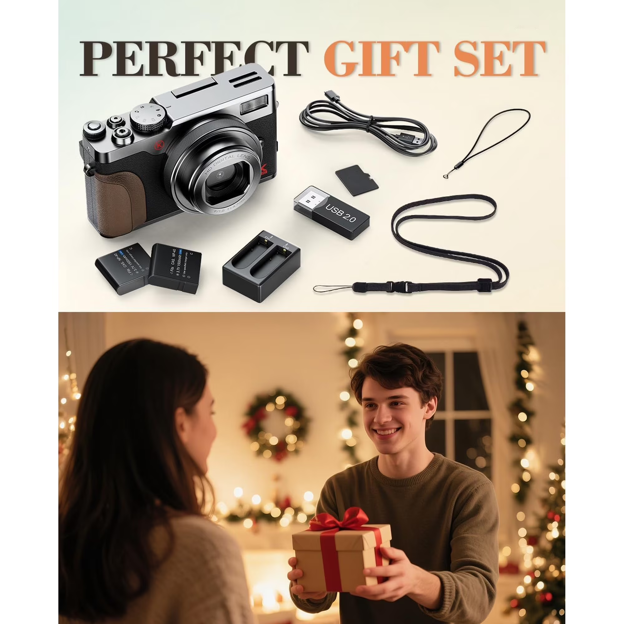 64MP 5K Silver Digital Vlogging Camera,Autofocus,180° Flip Screen,18X Zoom,Fill Light,2 Batteries & 32GB SD Card for Content Creators