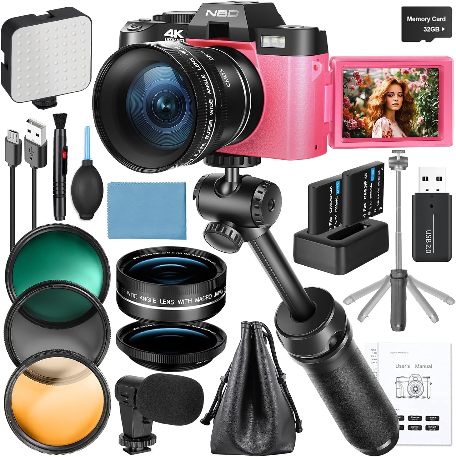 NBD 4K Digital Camera for Photography and Vlogging, 48MP Video Camera with Microphone, Tripod Grip, Wide-Angle and Macro Lens
